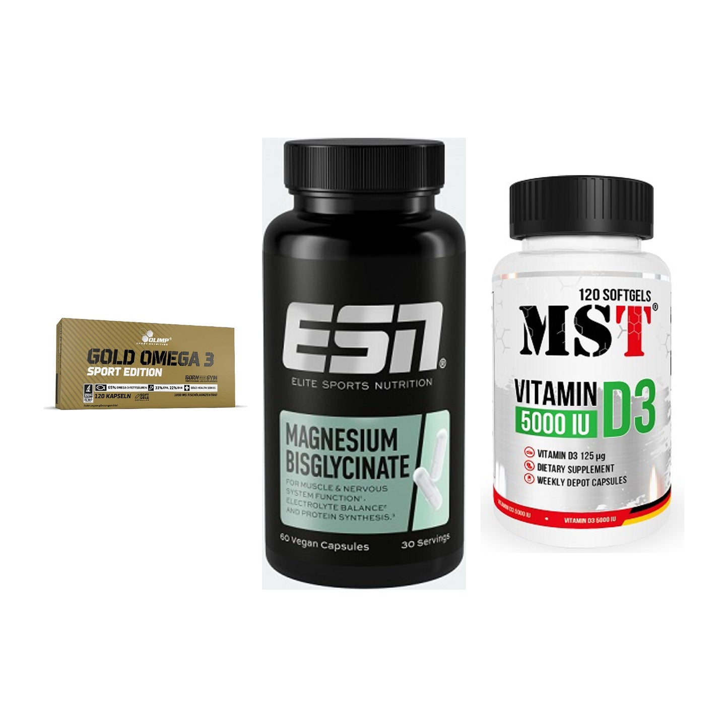 Herz & Gefäße: Olimp Omega 3 + ESN Magnesium + MST Vitamin D3 – alle enthaltenen Artikel