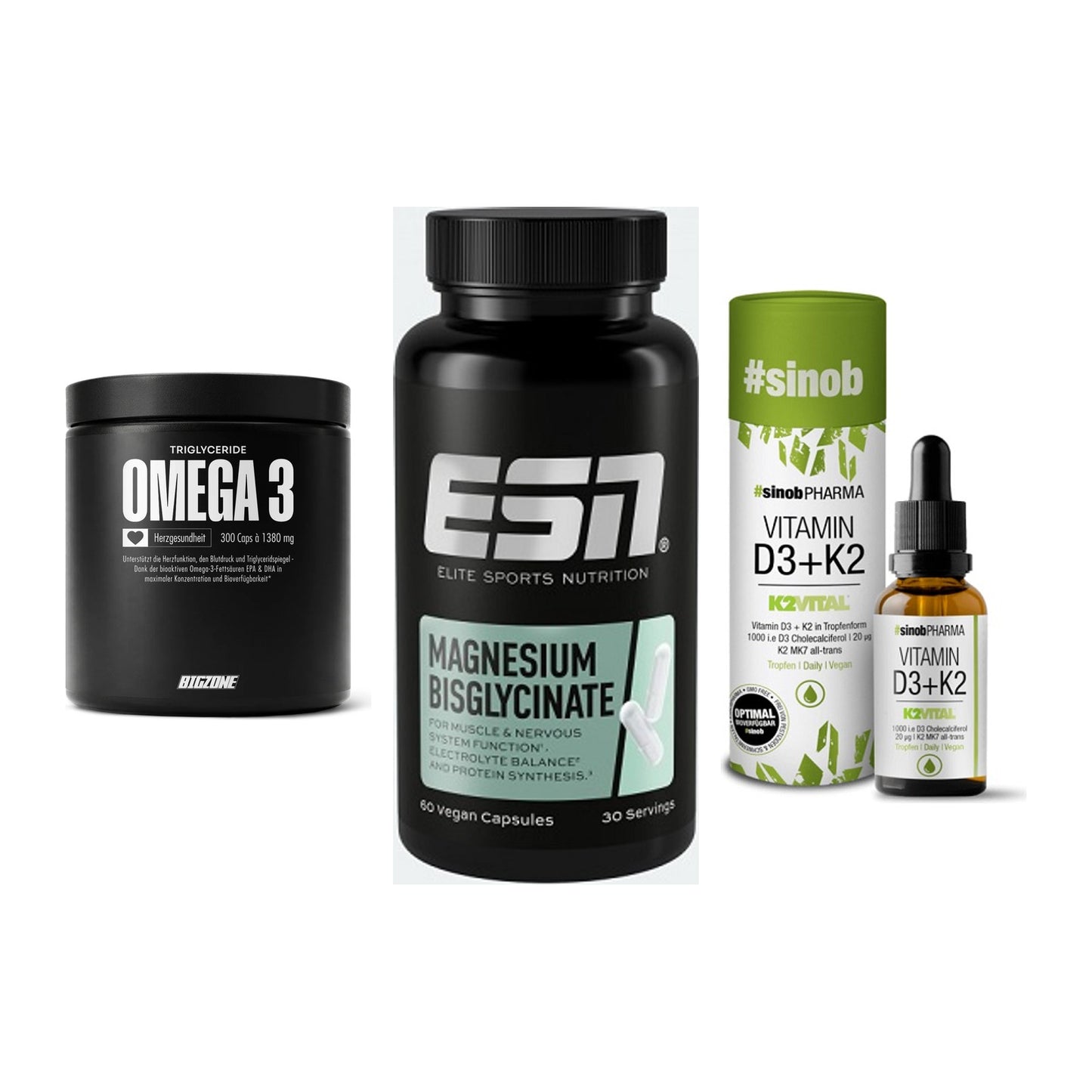 Herz & Gefäße: Big Zone Omega 3 + ESN Magnesium + Sinob Vitamin D3 – alle enthaltenen Artikel