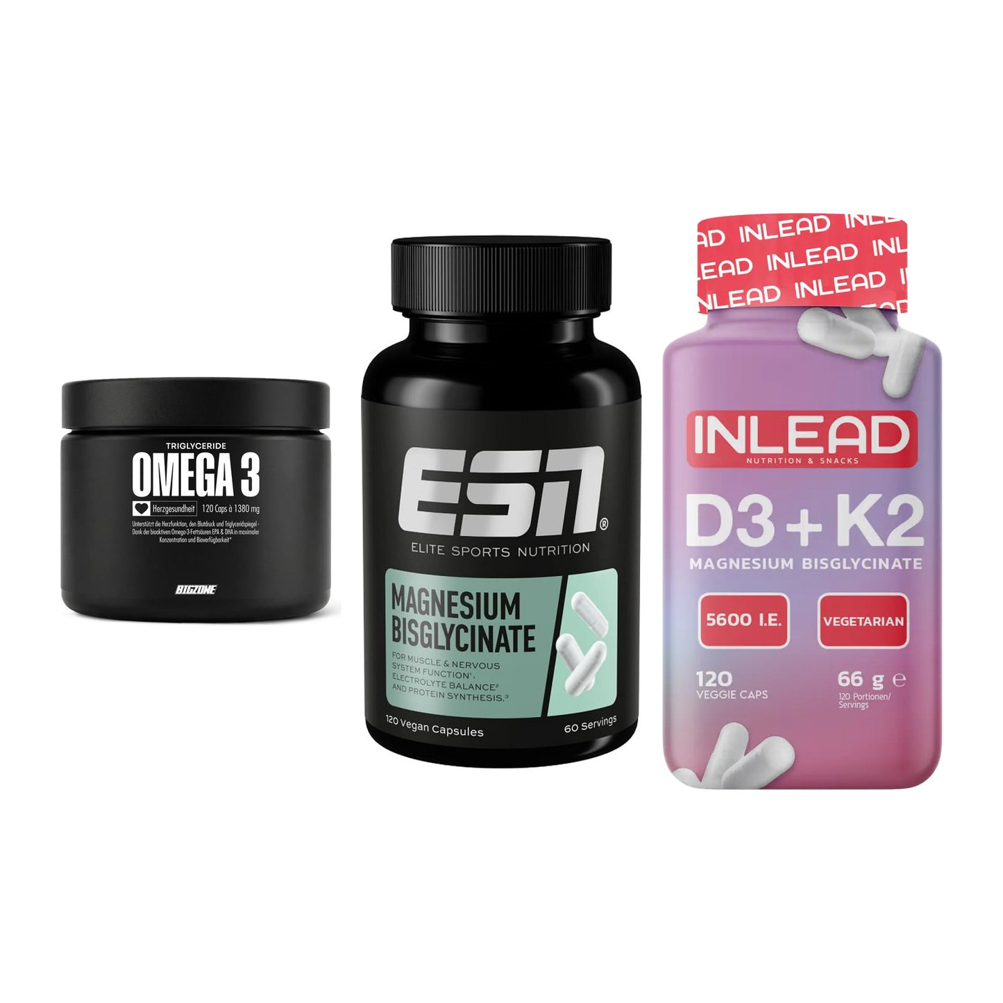 Herz & Gefäße: Big Zone Omega 3 + ESN Magnesium + INLEAD Vitamin – alle enthaltenen Artikel