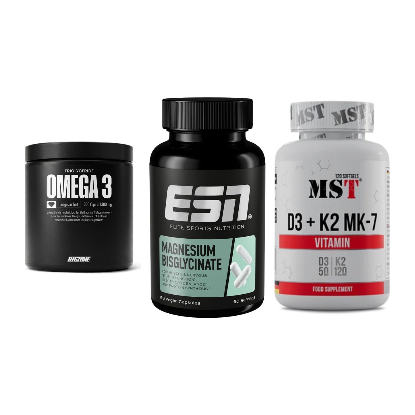 Herz & Gefäße: Big Zone Omega 3 + ESN Magnesium + MST Vitamin D3 – alle enthaltenen Artikel
