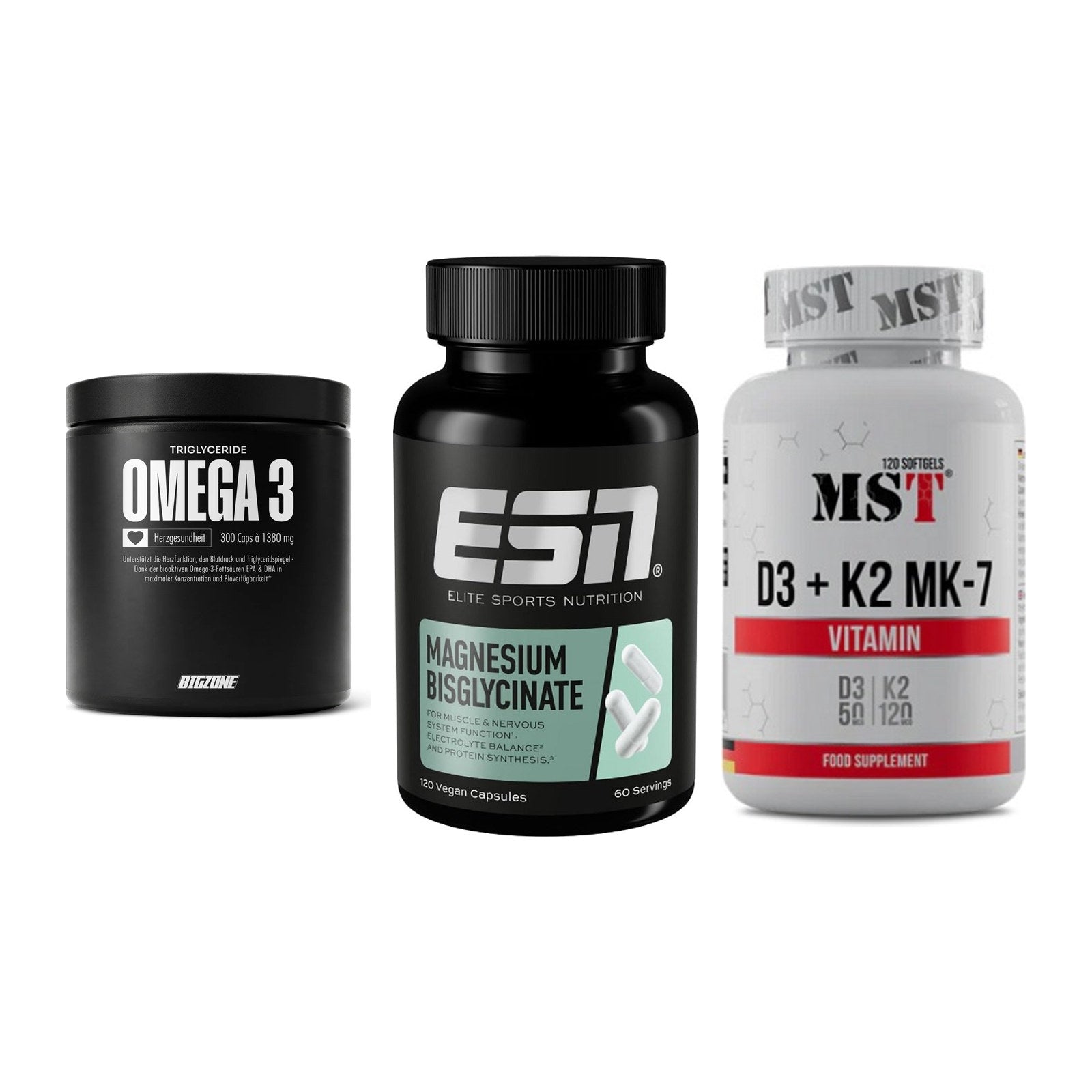 Herz & Gefäße: Big Zone Omega 3 + ESN Magnesium + MST Vitamin D3 – alle enthaltenen Artikel