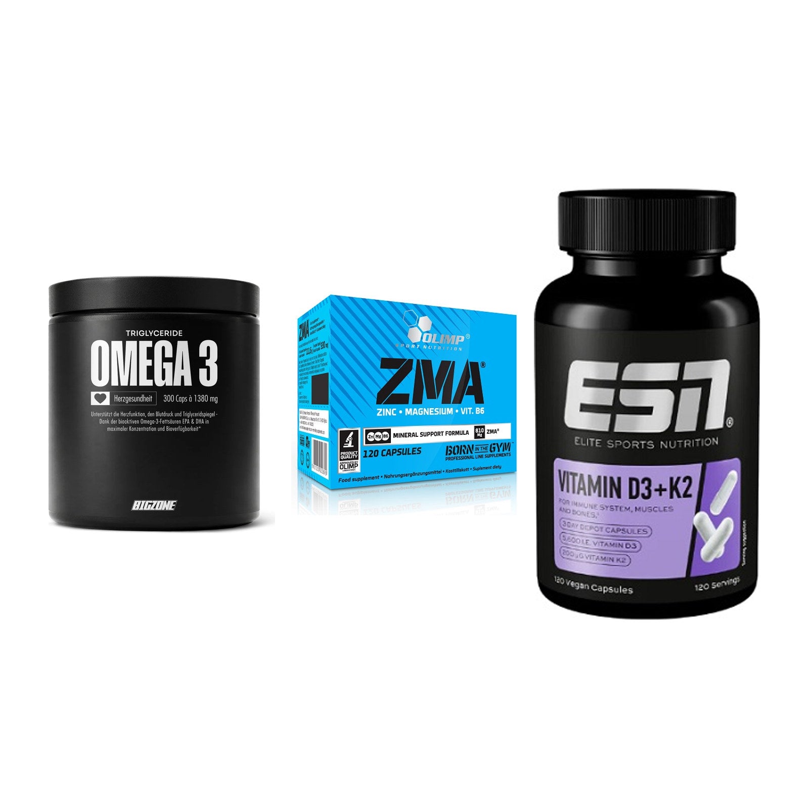 Herz & Gefäße: Big Zone Omega 3 + Olimp ZMA + ESN Vitamin D3 – alle enthaltenen Artikel