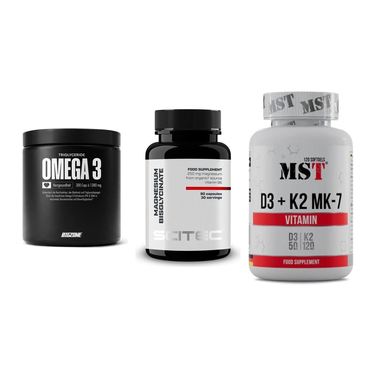 Herz & Gefäße: Big Zone Omega 3 + Scitec Magnesium + MST Vitamin D3 – alle enthaltenen Artikel