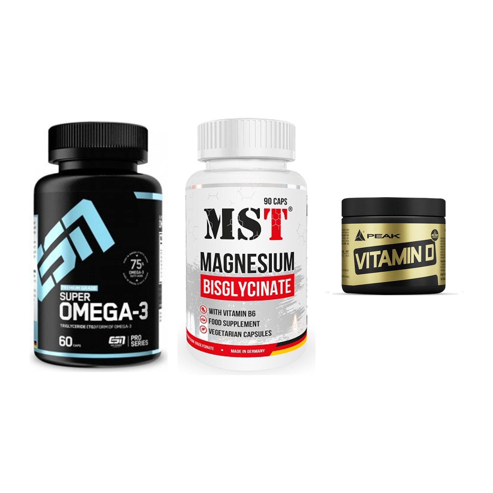 Herz & Gefäße: ESN Omega 3 + MST Magnesium + Peak Vitamin D – alle enthaltenen Artikel