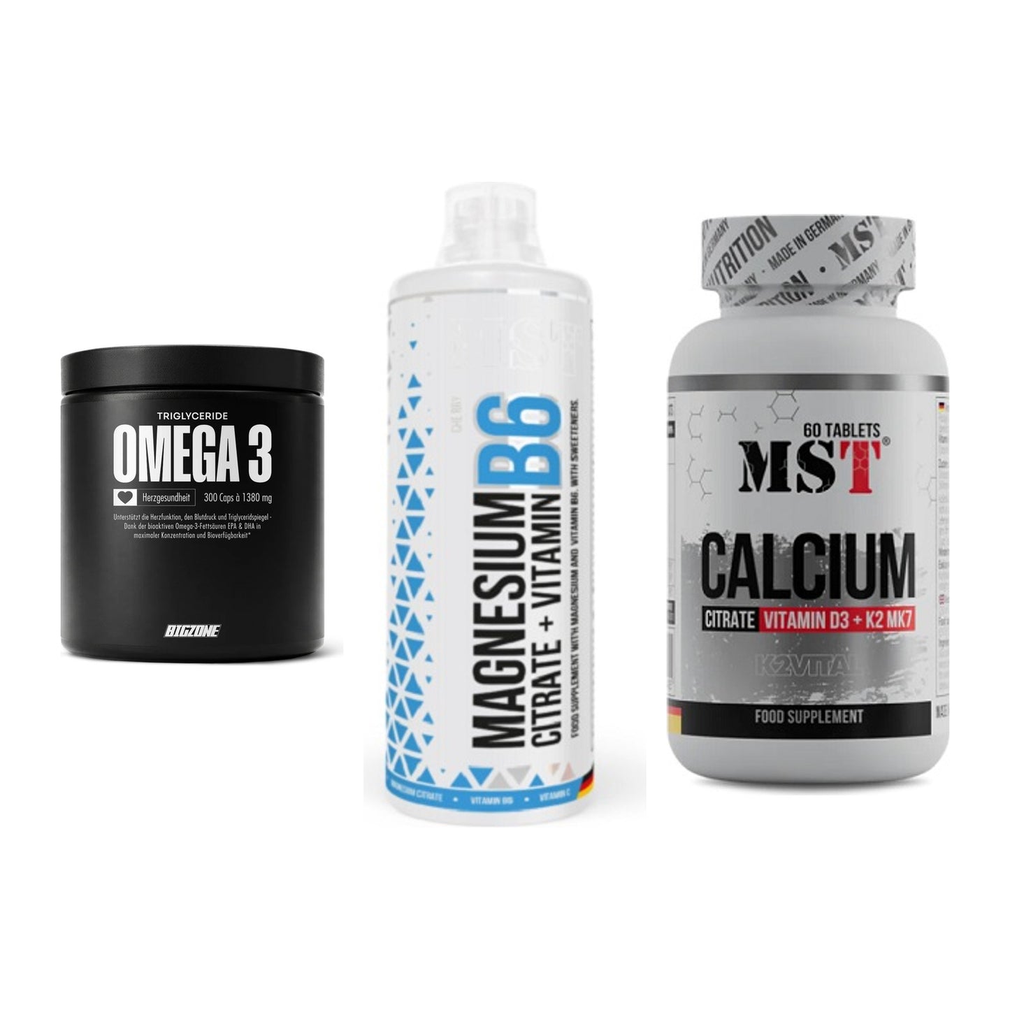 Herz & Gefäße: Big Zone Omega 3 + MST Magnesium B6 + MST Calcium – alle enthaltenen Artikel
