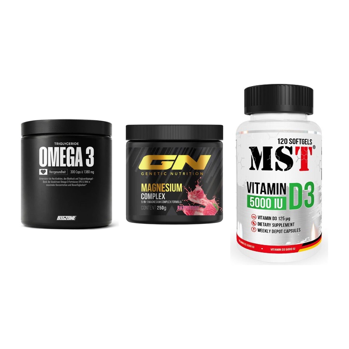 Herz & Gefäße: Big Zone Omega 3 + GN Magnesium + MST Vitamin D3 – alle enthaltenen Artikel