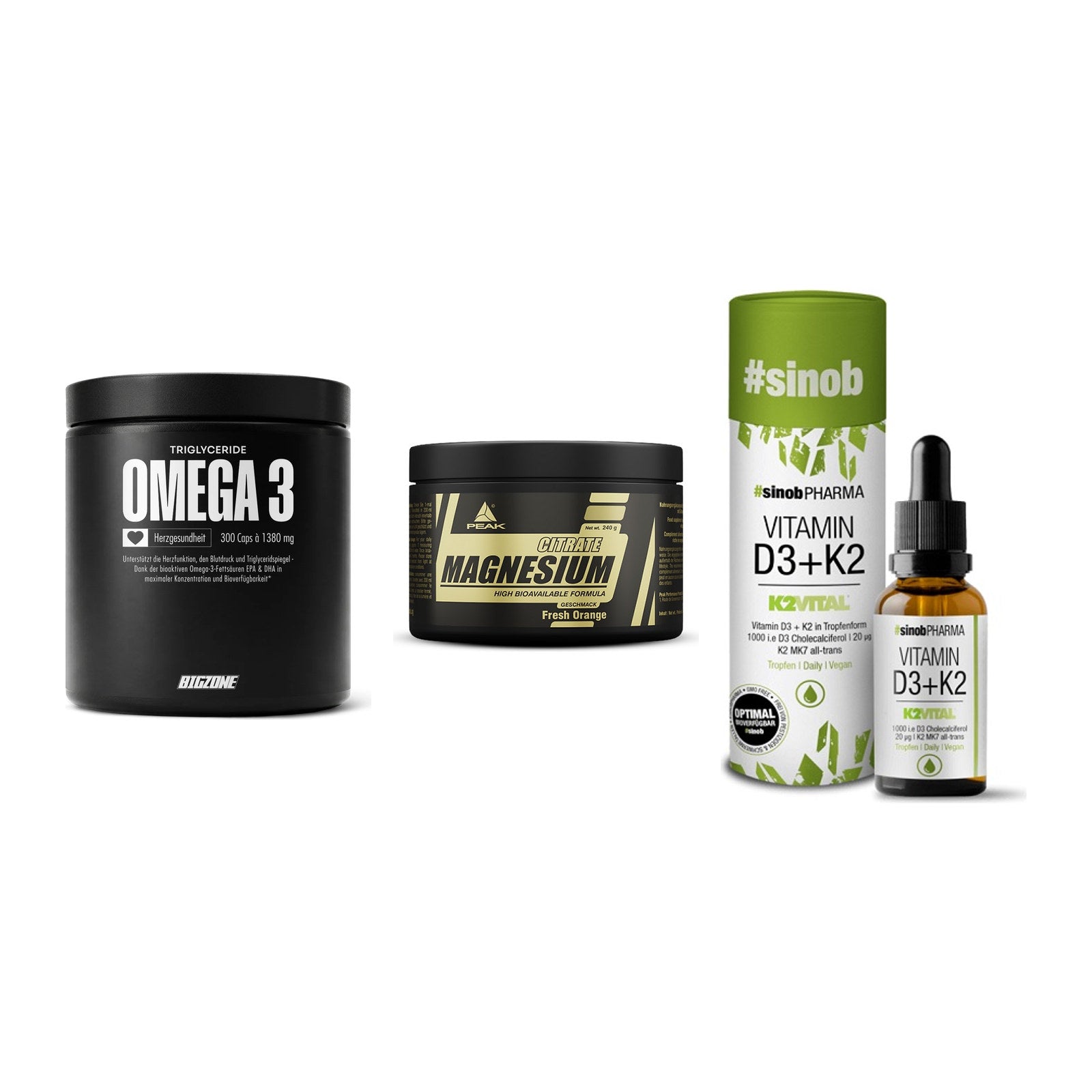 Herz & Gefäße: Big Zone Omega 3 + Peak Magnesium + Sinob Vitamin D3 – alle enthaltenen Artikel