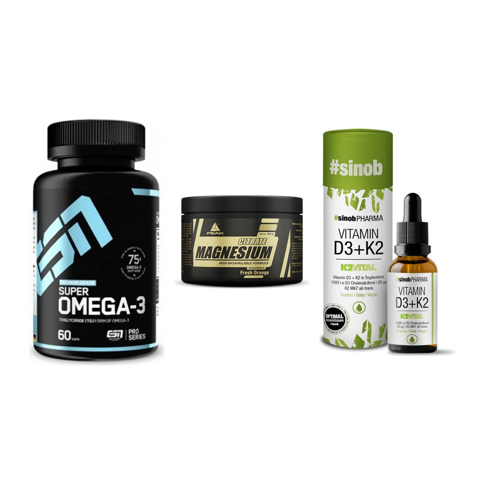 Herz & Gefäße: ESN Omega 3 + Peak Magnesium + Sinob Vitamin D3 – alle enthaltenen Artikel