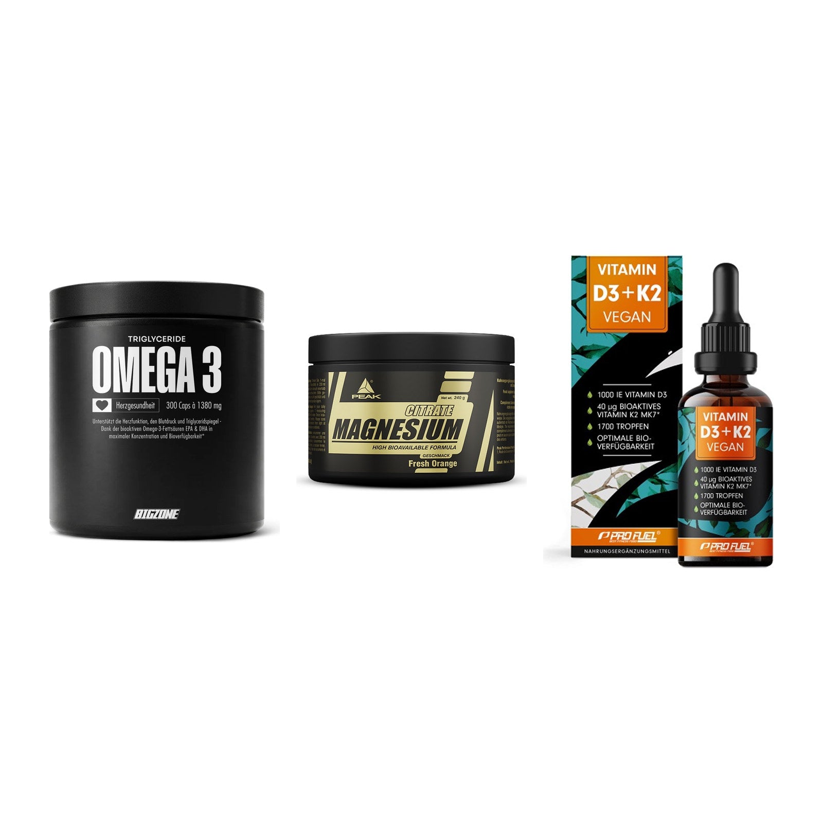 Herz & Gefäße: Big Zone Omega 3 + Peak Magnesium + ProFuel Vitamin – alle enthaltenen Artikel