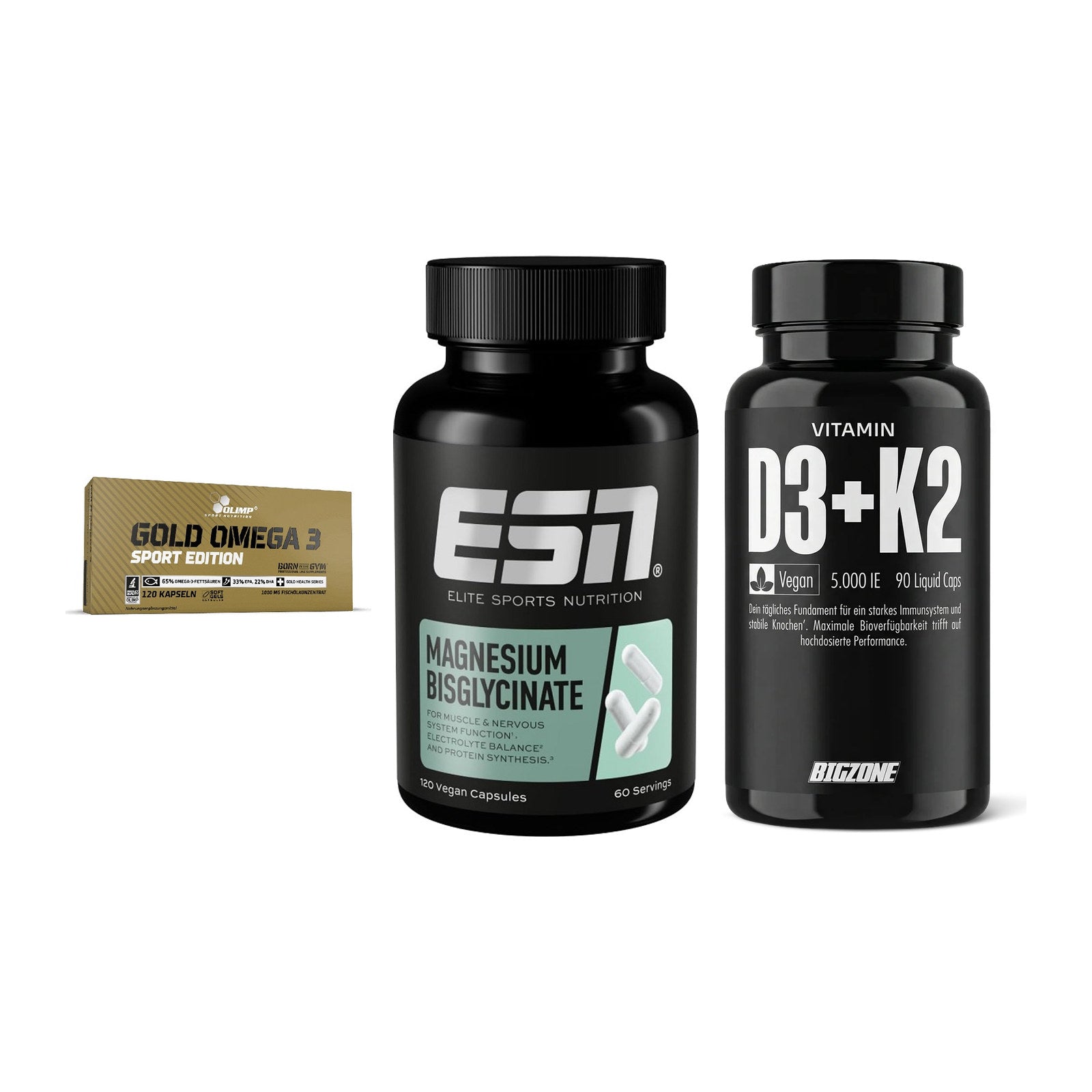 Herz & Gefäße: Olimp Omega 3 + ESN Magnesium + Big Zone Vitamin – alle enthaltenen Artikel