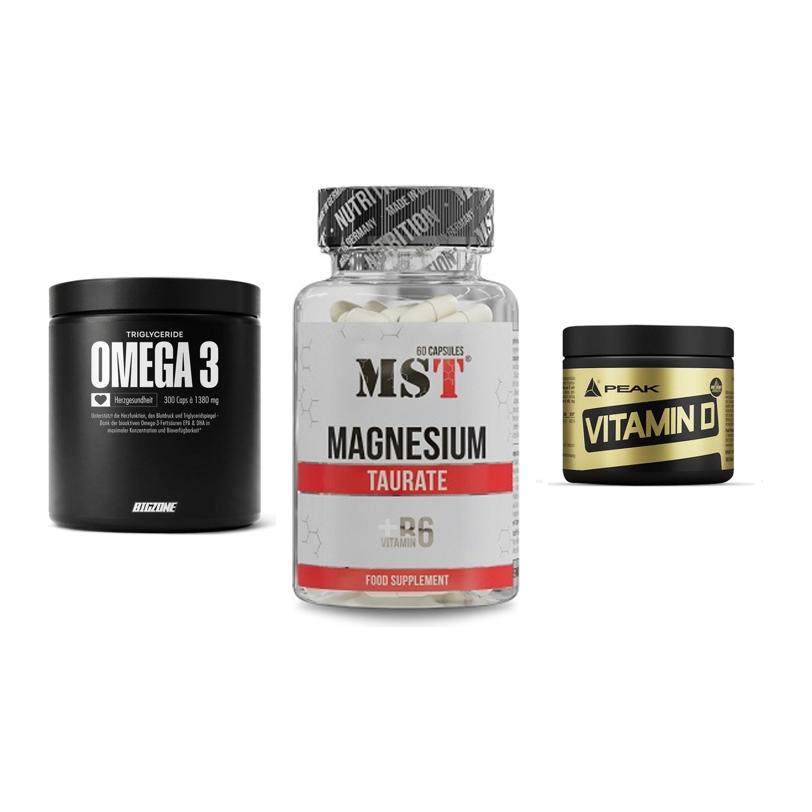 Herz & Gefäße: Big Zone Omega 3 + MST Magnesium + Peak Vitamin D – alle enthaltenen Artikel