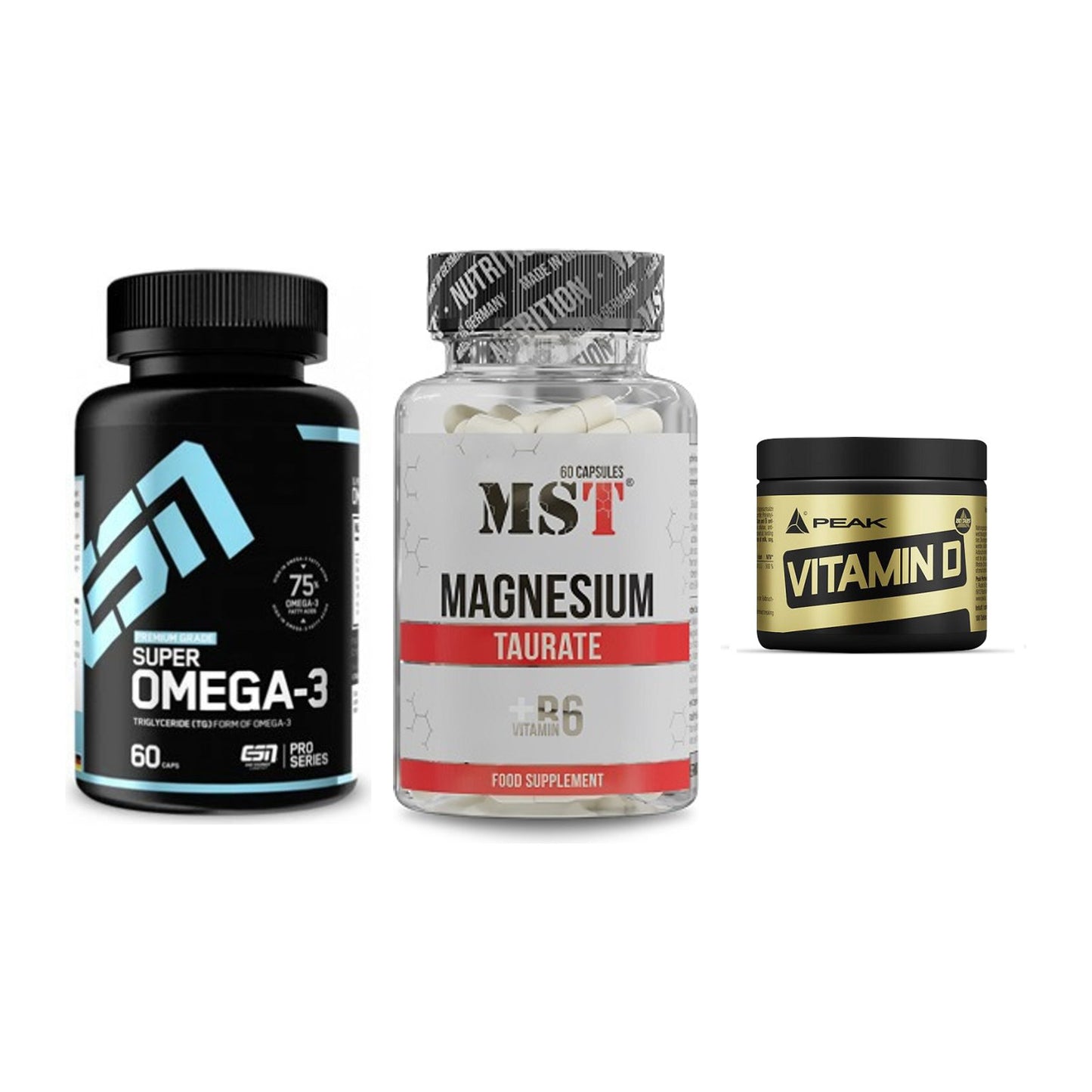 Herz & Gefäße: ESN Omega 3 + MST Magnesium + Peak Vitamin D – alle enthaltenen Artikel