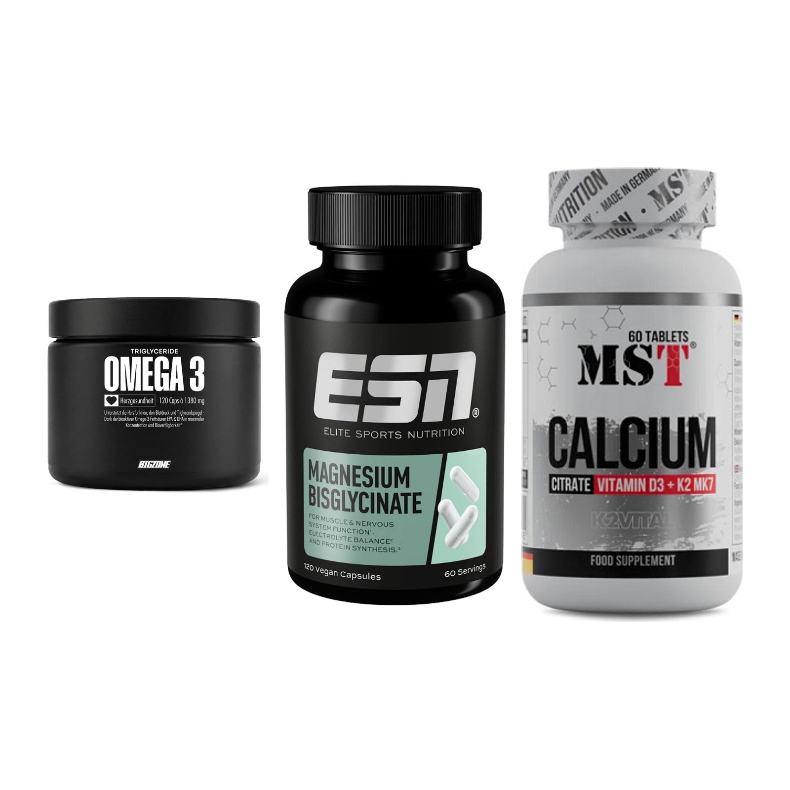 Herz & Gefäße: Big Zone Omega 3 + ESN Magnesium + MST Calcium – alle enthaltenen Artikel