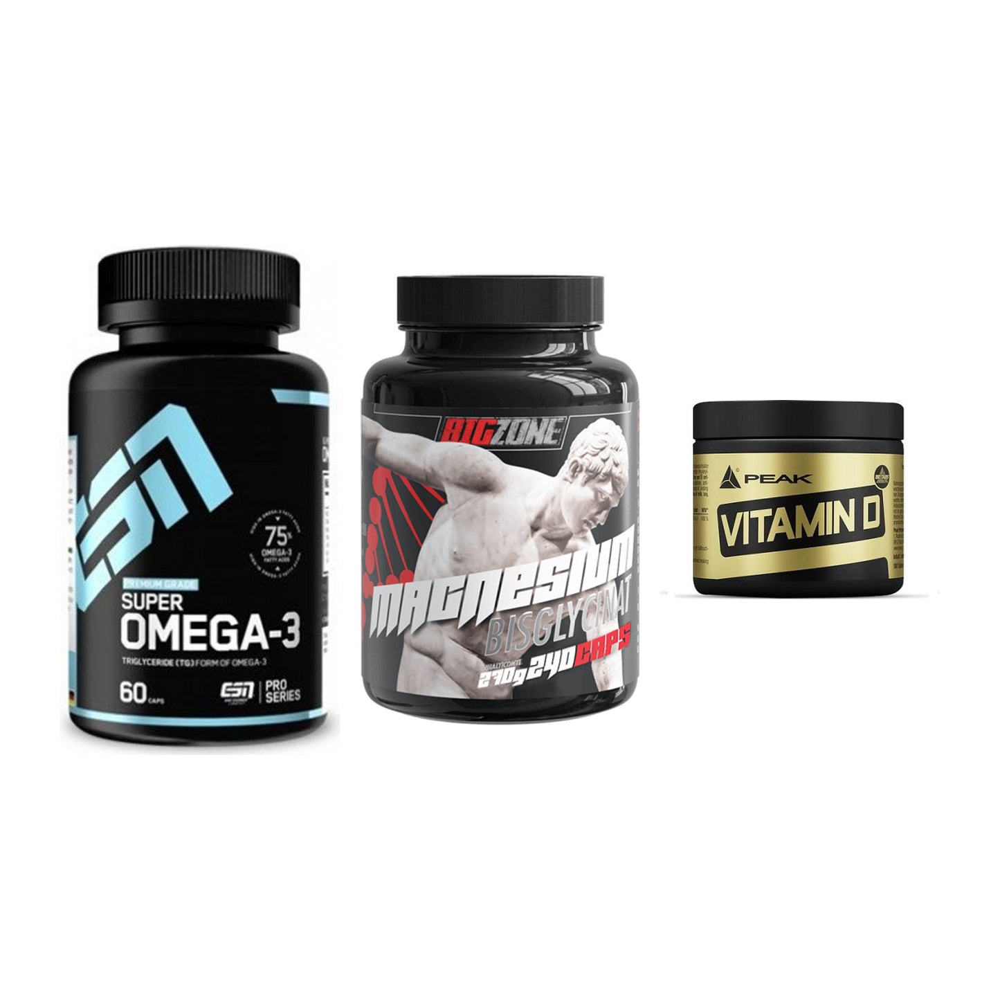 Herz & Gefäße: ESN Omega 3 + Big Zone Magnesi + Peak Vitamin D – alle enthaltenen Artikel