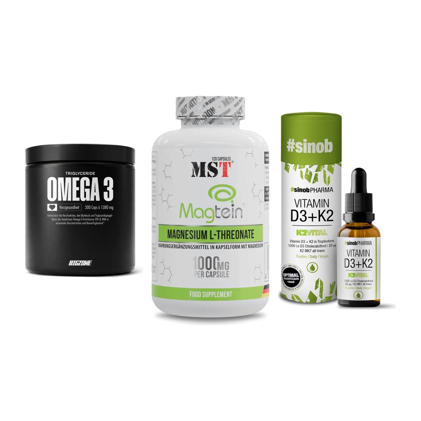 Herz & Gefäße: Big Zone Omega 3 + MST Magnesium + Sinob Vitamin D3 – alle enthaltenen Artikel