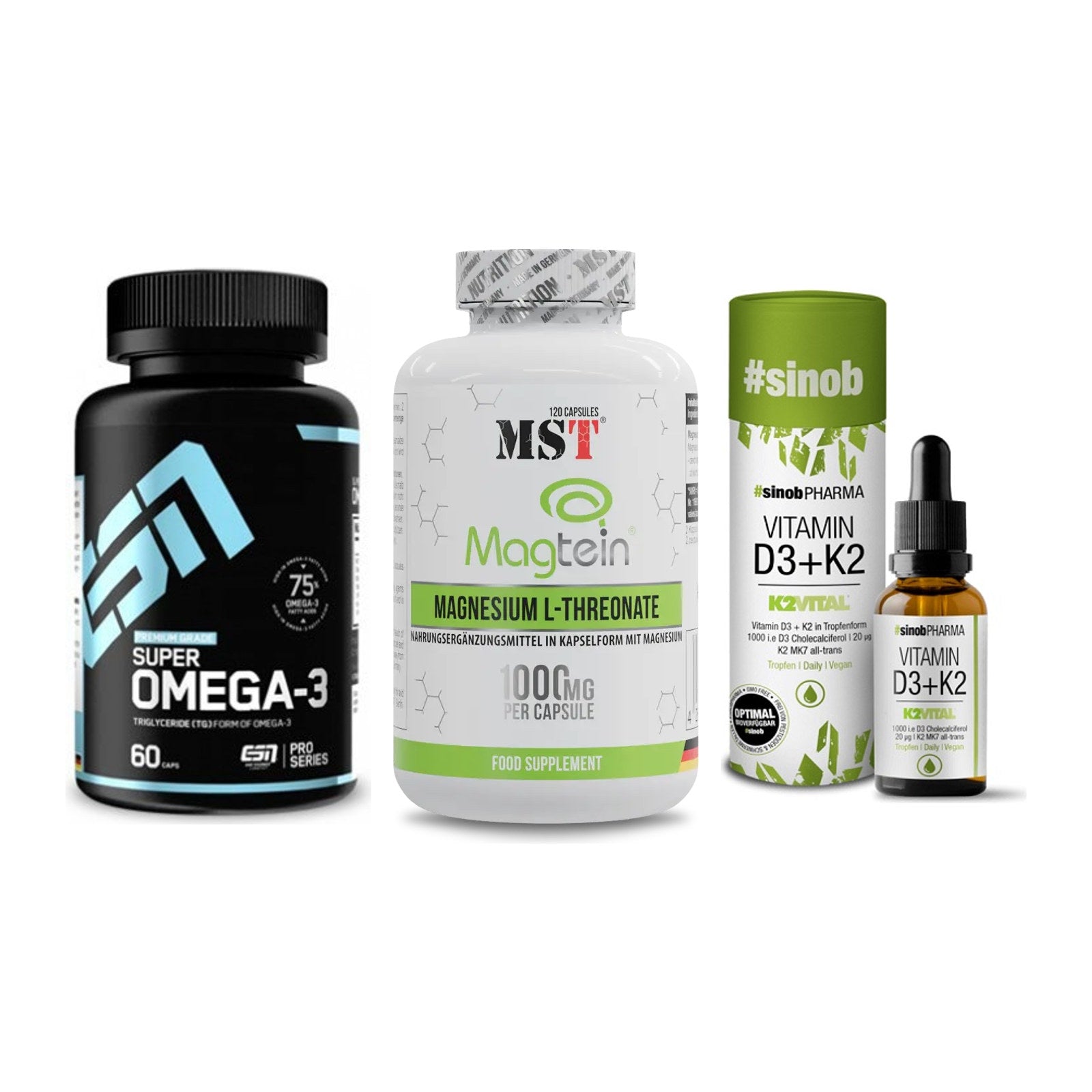 Herz & Gefäße: ESN Omega 3 + MST Magnesium + Sinob Vitamin D3 – alle enthaltenen Artikel