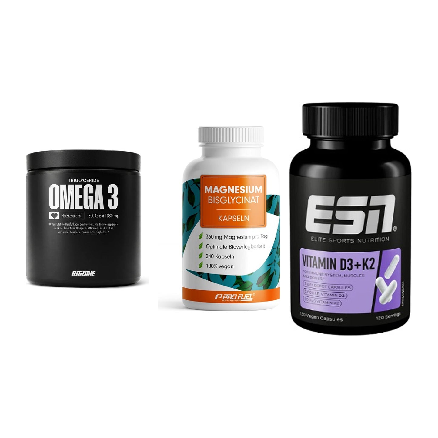 Herz & Gefäße: Big Zone Omega 3 + ProFuel Magnesiu + ESN Vitamin D3 – alle enthaltenen Artikel