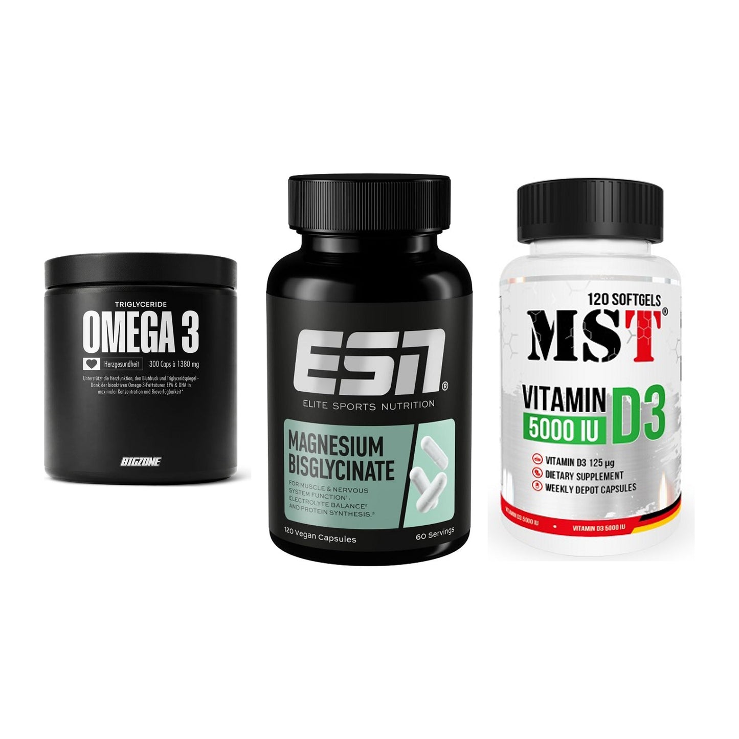 Herz & Gefäße: Big Zone Omega 3 + ESN Magnesium + MST Vitamin D3 – alle enthaltenen Artikel