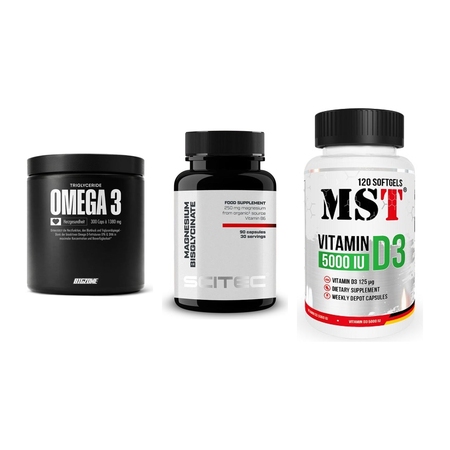 Herz & Gefäße: Big Zone Omega 3 + Scitec Magnesium + MST Vitamin D3 – alle enthaltenen Artikel