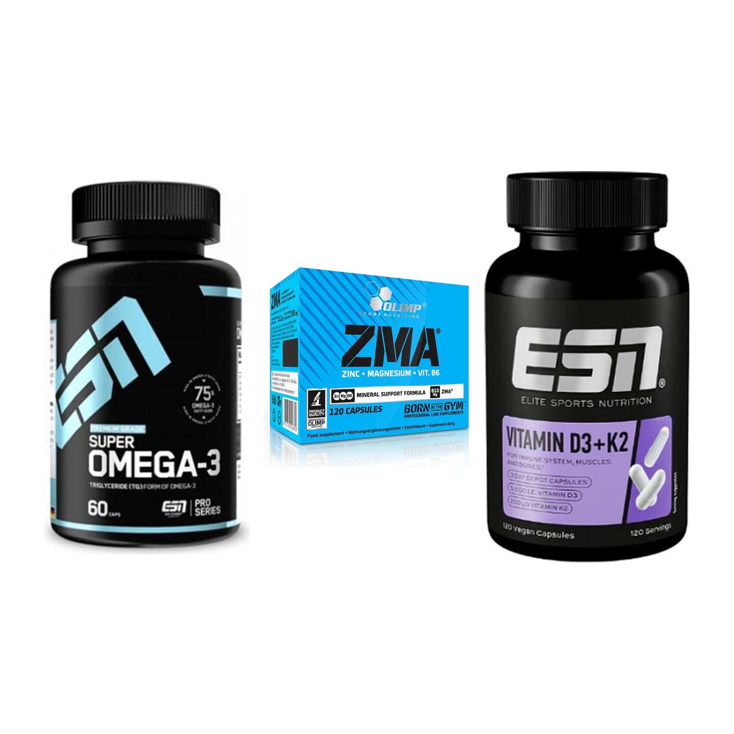 Herz & Gefäße: ESN Omega 3 + Olimp ZMA + ESN Vitamin D3 + K2 – alle enthaltenen Artikel