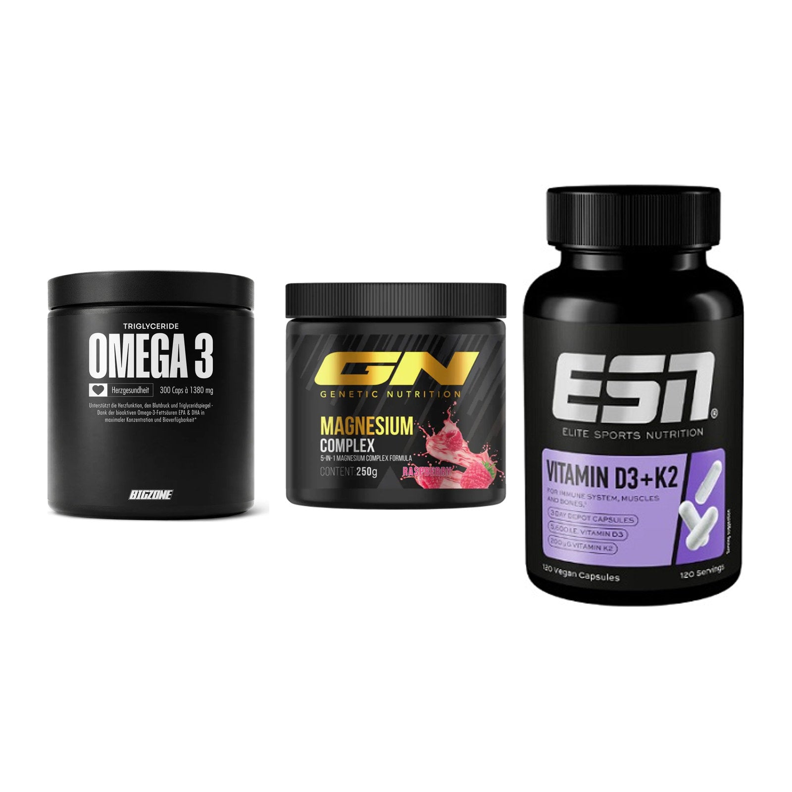 Herz & Gefäße: Big Zone Omega 3 + GN Magnesium + ESN Vitamin D3 – alle enthaltenen Artikel
