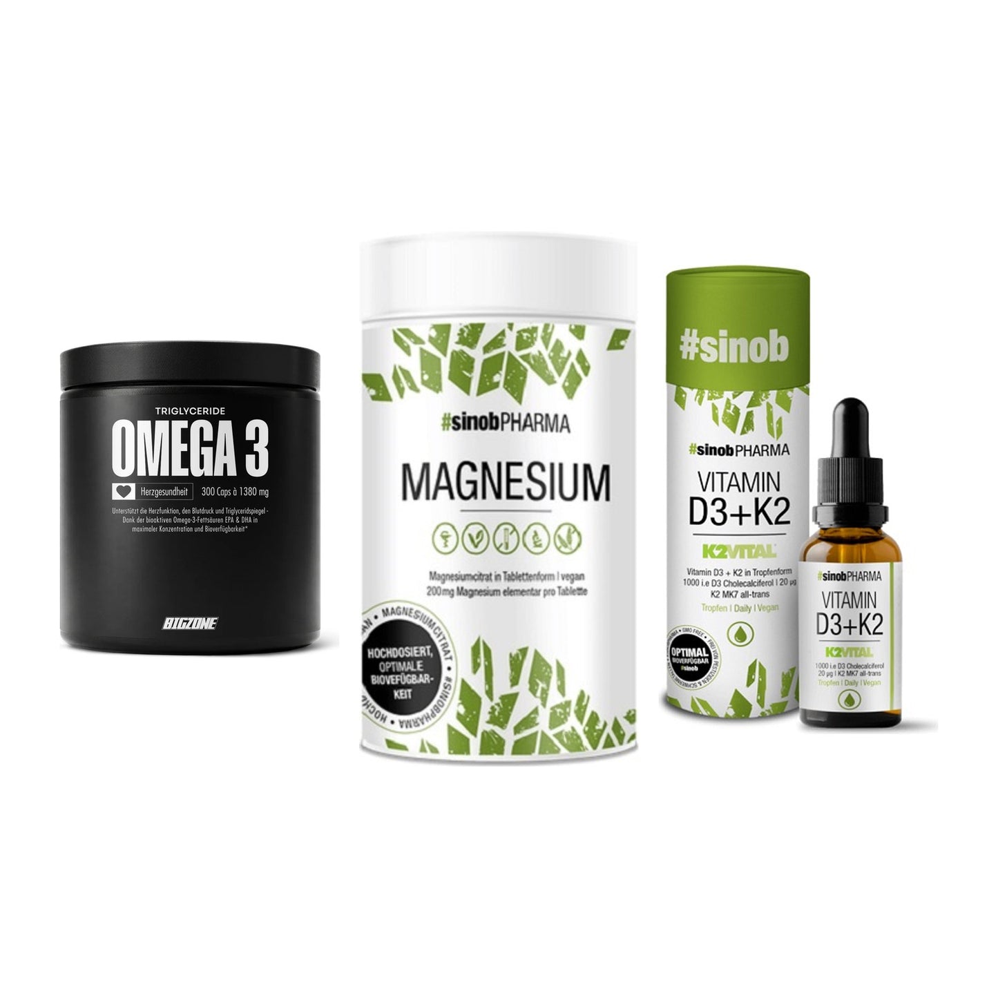 Herz & Gefäße: Big Zone Omega 3 + Sinob Magnesium + Sinob Vitamin D3 – alle enthaltenen Artikel