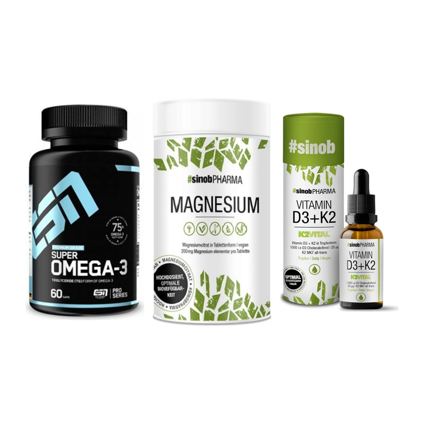 Herz & Gefäße: ESN Omega 3 + Sinob Magnesium + Sinob Vitamin D3 – alle enthaltenen Artikel