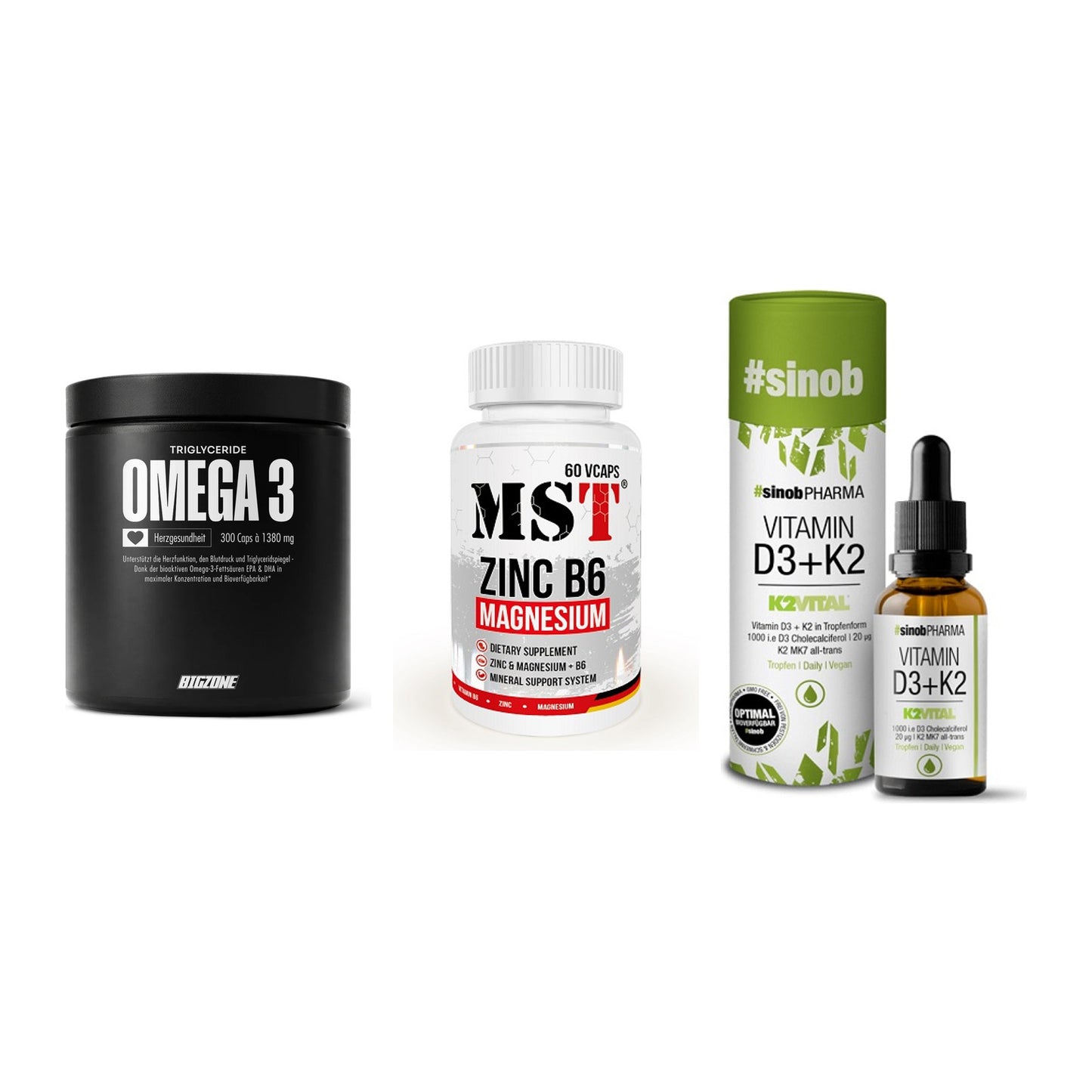 Herz & Gefäße: Big Zone Omega 3 + MST Zinc + Sinob Vitamin D3 – alle enthaltenen Artikel