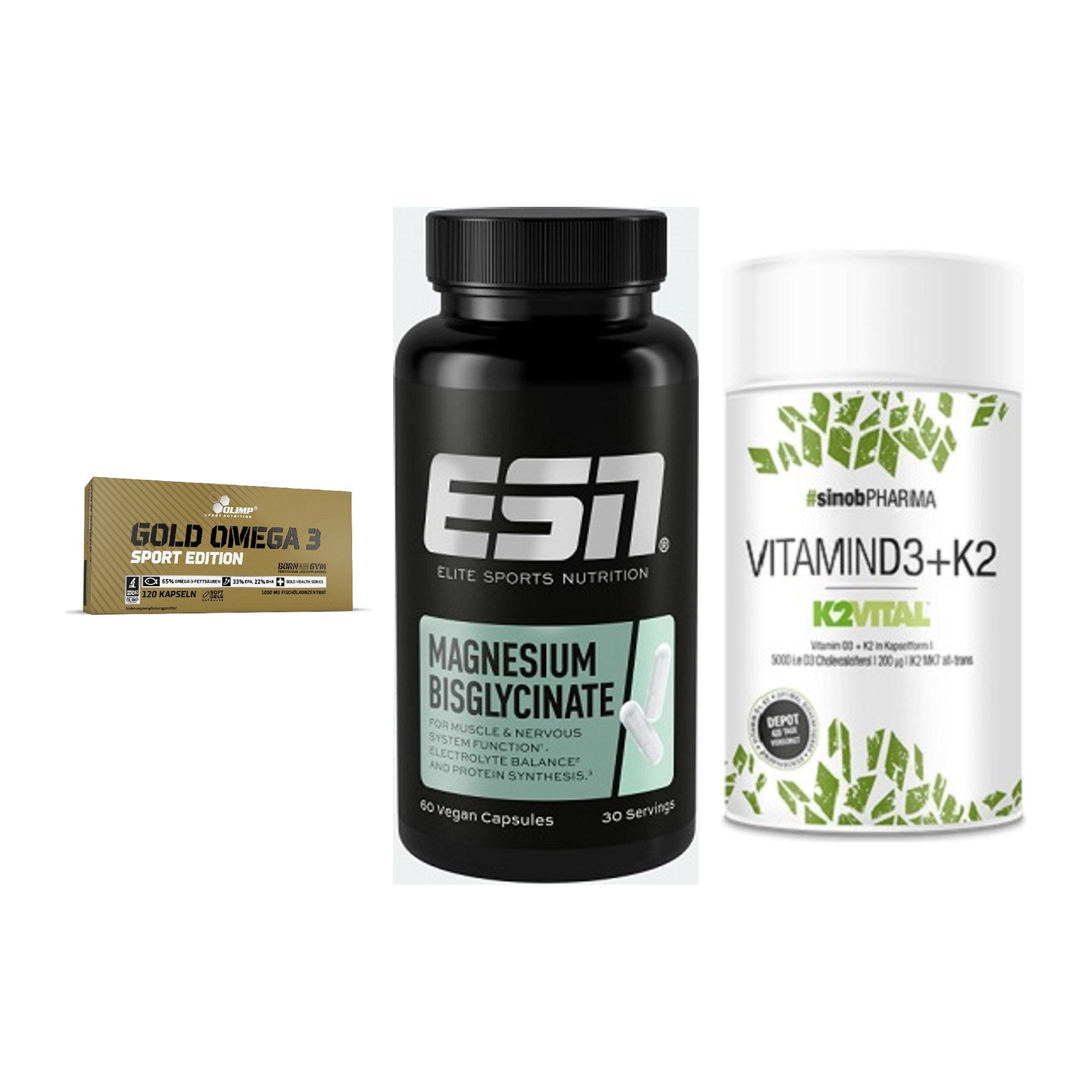 Herz & Gefäße: Olimp Omega 3 + ESN Magnesium + Sinob Vitamin D3 – alle enthaltenen Artikel