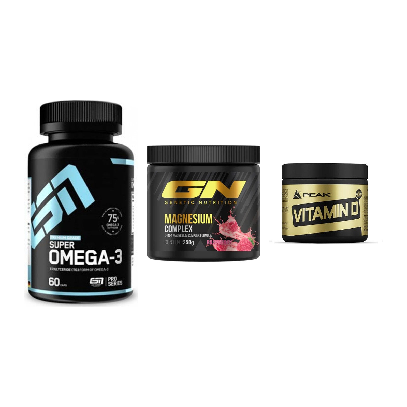 Herz & Gefäße: ESN Omega 3 + GN Magnesium + Peak Vitamin D – alle enthaltenen Artikel