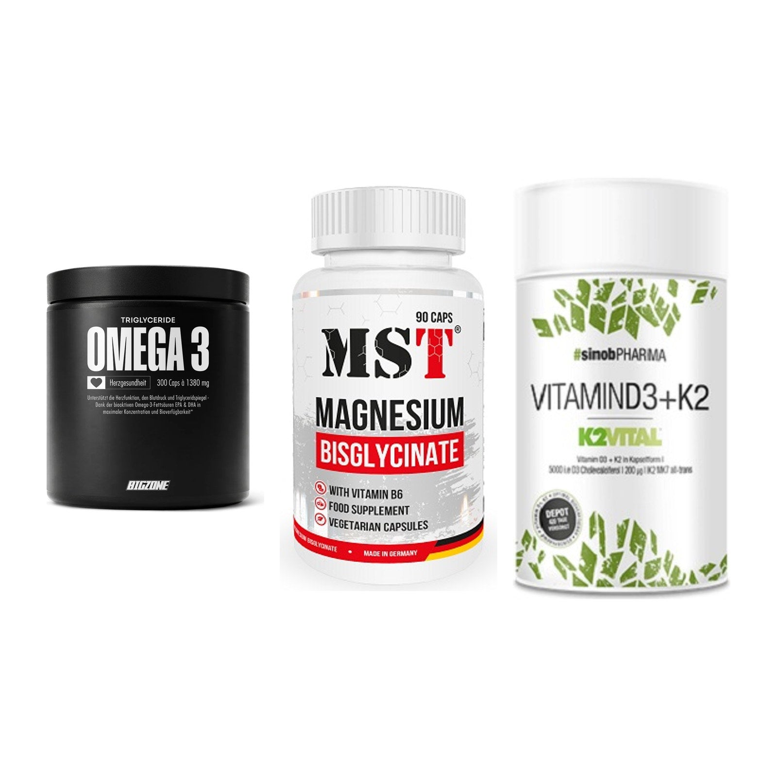 Herz & Gefäße: Big Zone Omega 3 + MST Magnesium + Sinob Vitamin D3 – alle enthaltenen Artikel