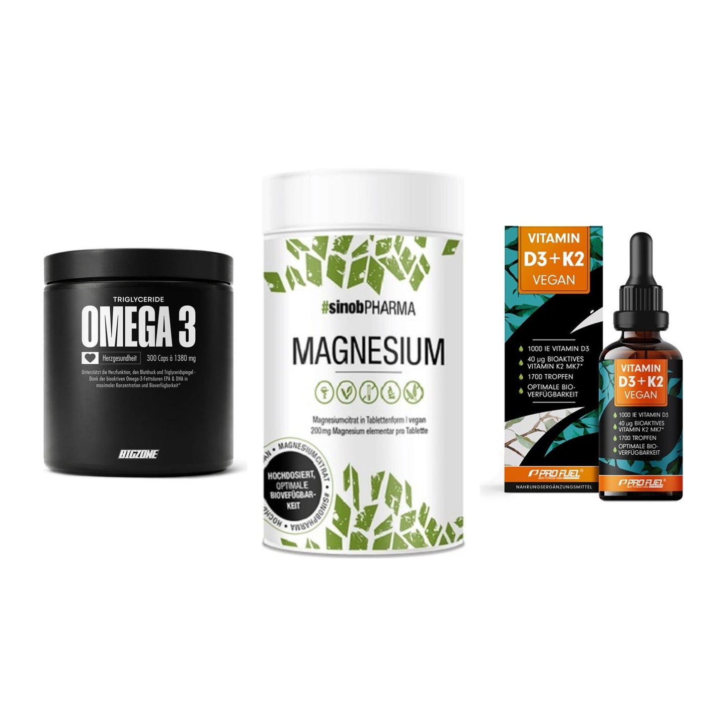 Herz & Gefäße: Big Zone Omega 3 + Sinob Magnesium + ProFuel Vitamin – alle enthaltenen Artikel
