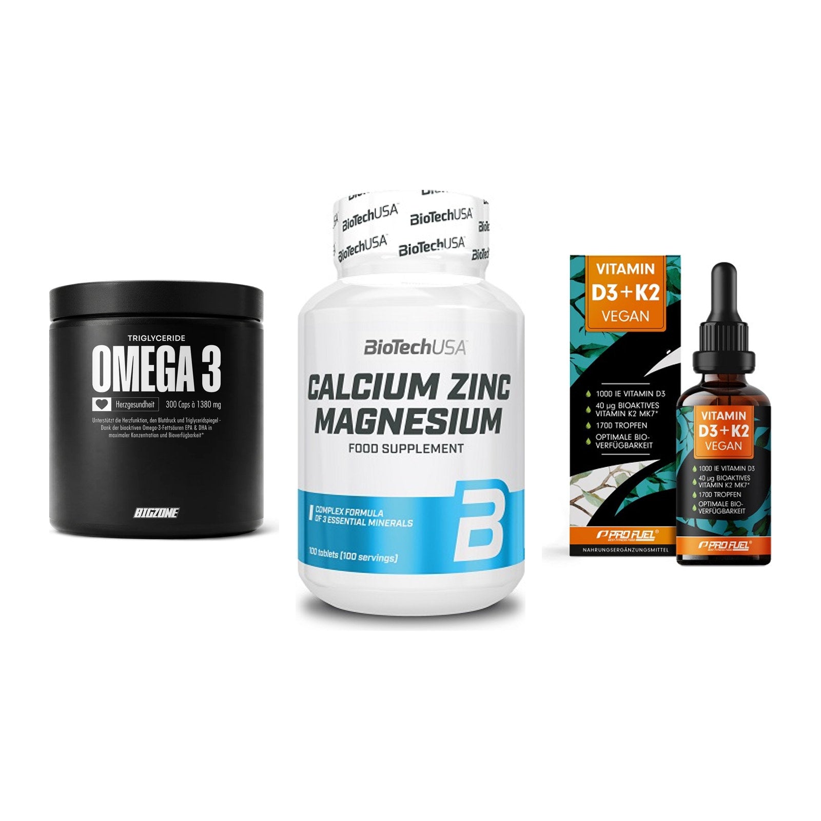 Herz & Gefäße: Big Zone Omega 3 + BioTech Calcium + ProFuel Vitamin – alle enthaltenen Artikel