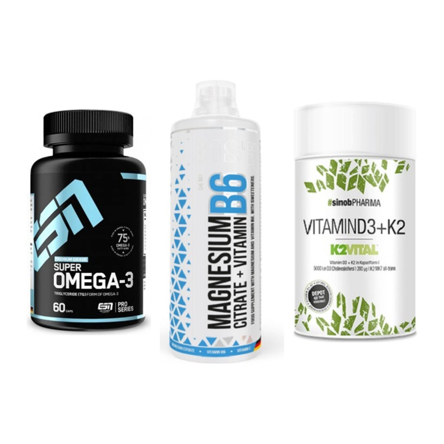 Herz & Gefäße: ESN Omega 3 + MST Magnesium B6 + Sinob Vitamin D3 + K2 – alle enthaltenen Artikel