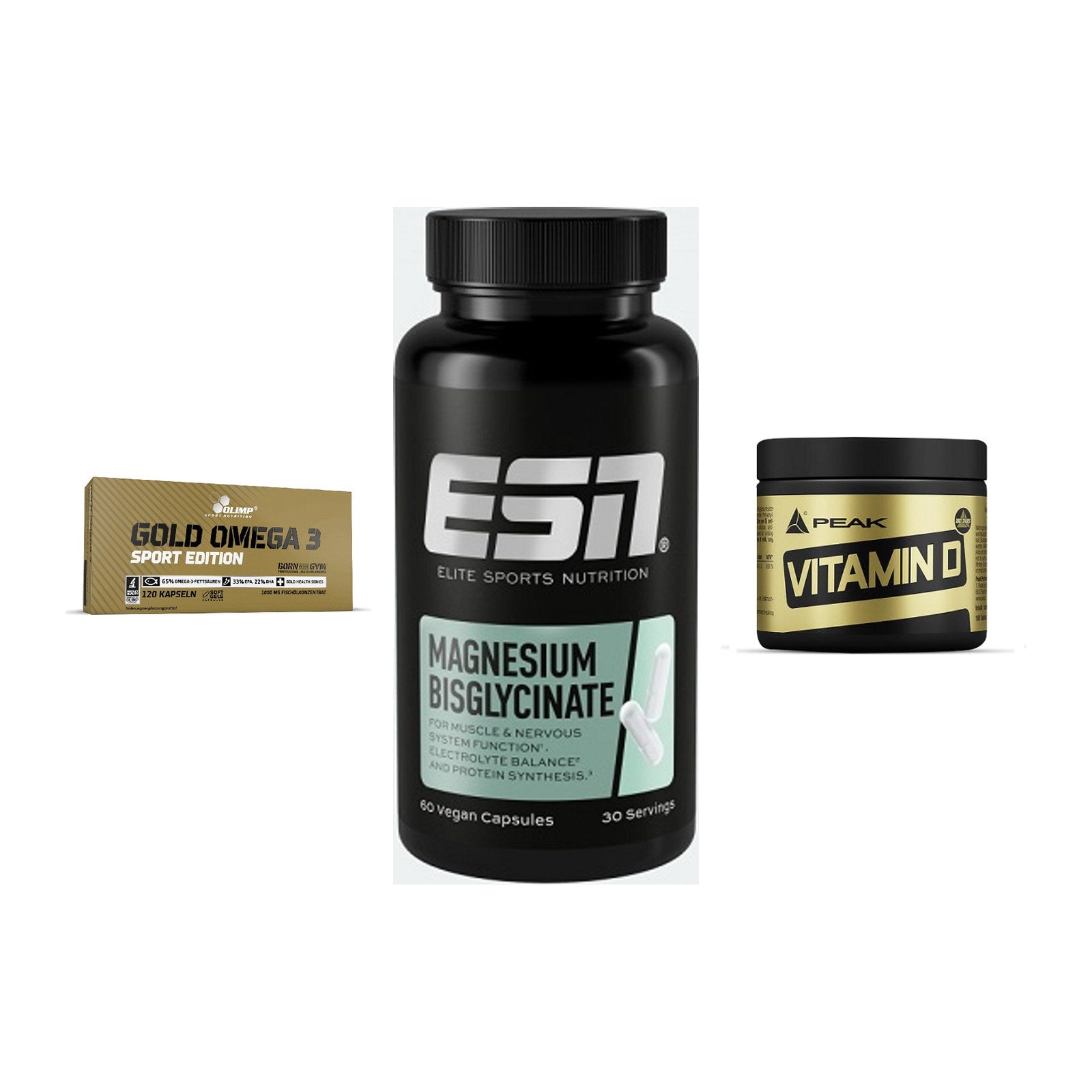 Herz & Gefäße: Olimp Omega 3 + ESN Magnesium + Peak Vitamin D – alle enthaltenen Artikel