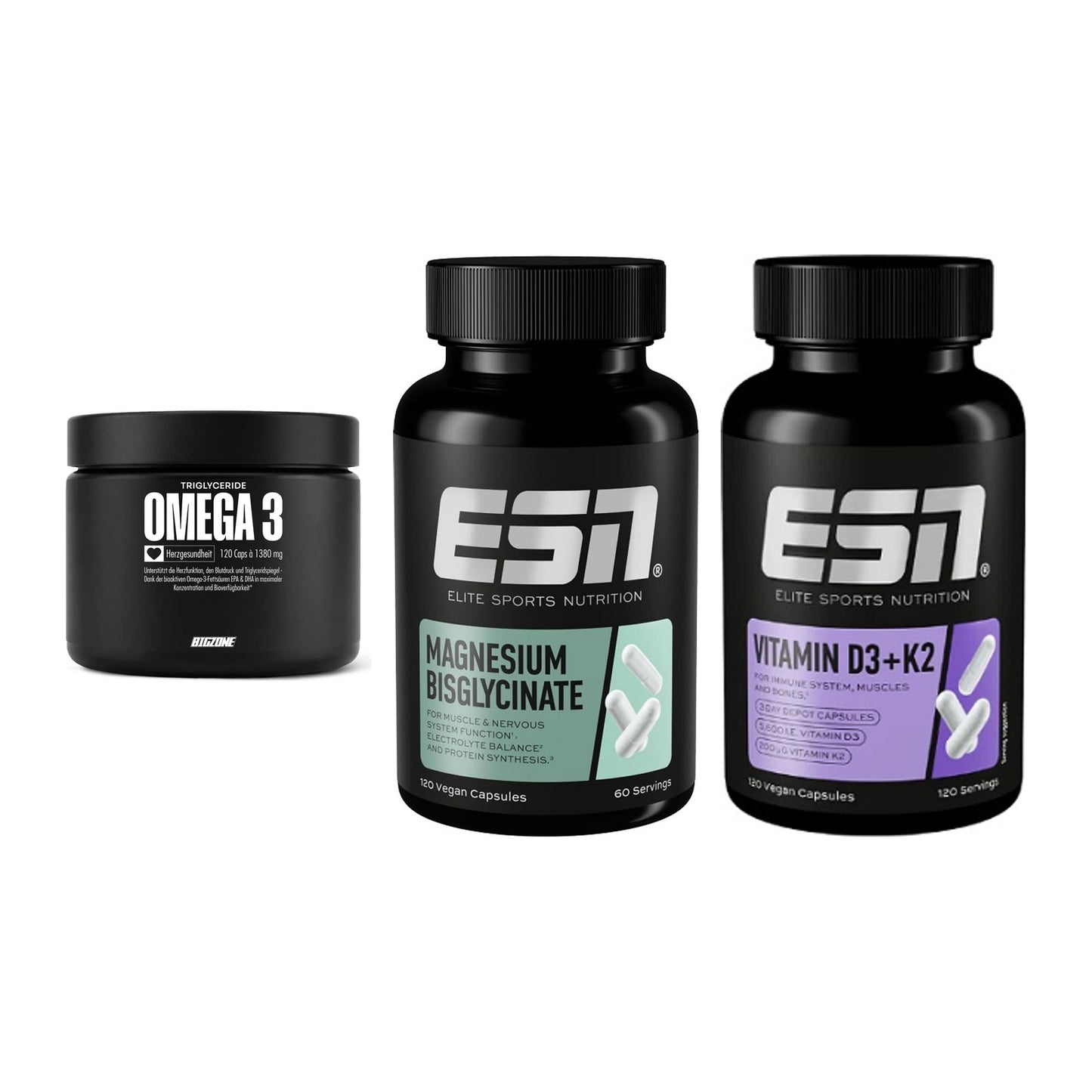 Herz & Gefäße: Big Zone Omega 3 + ESN Magnesium + ESN Vitamin D3 – alle enthaltenen Artikel