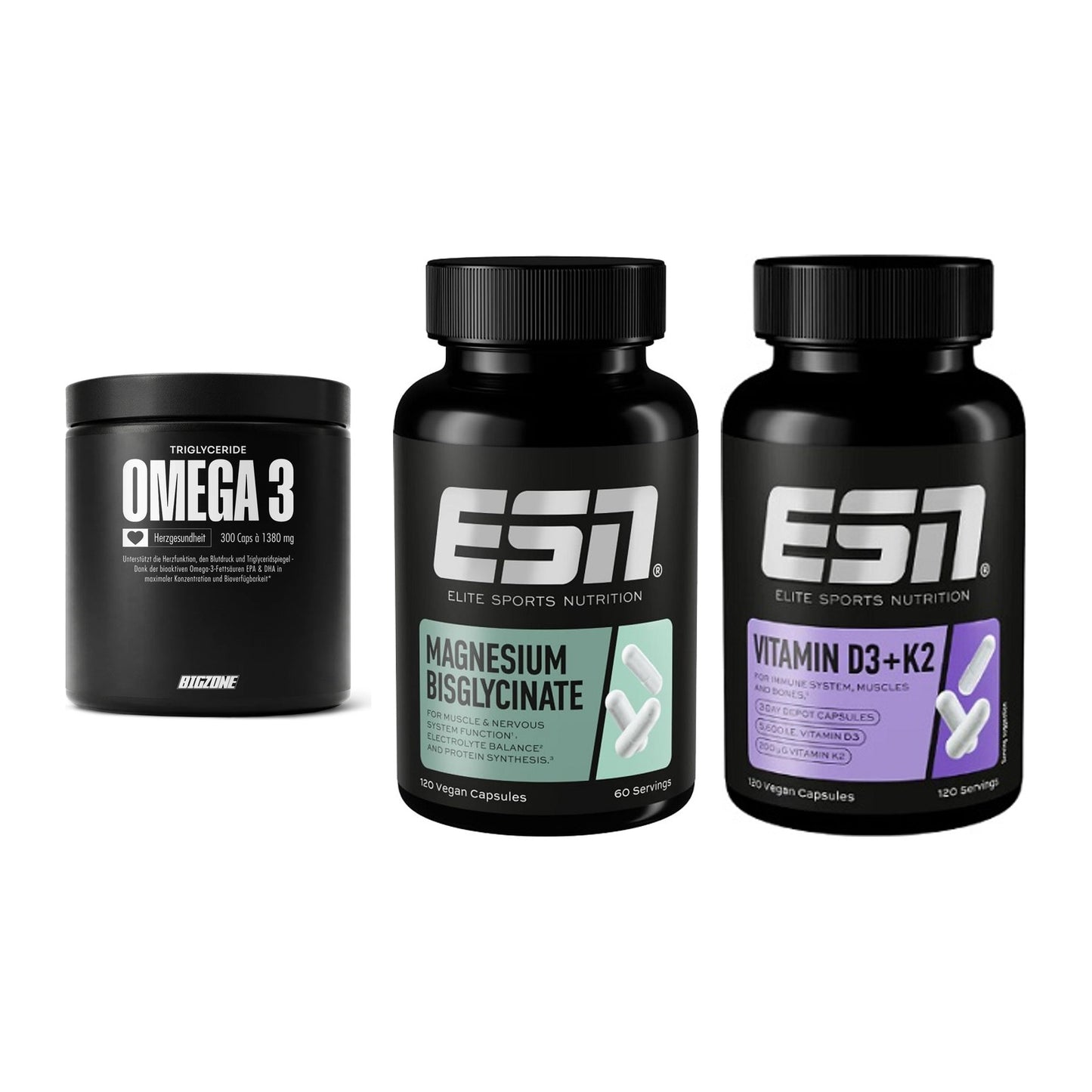 Herz & Gefäße: Big Zone Omega 3 + ESN Magnesium + ESN Vitamin D3 – alle enthaltenen Artikel