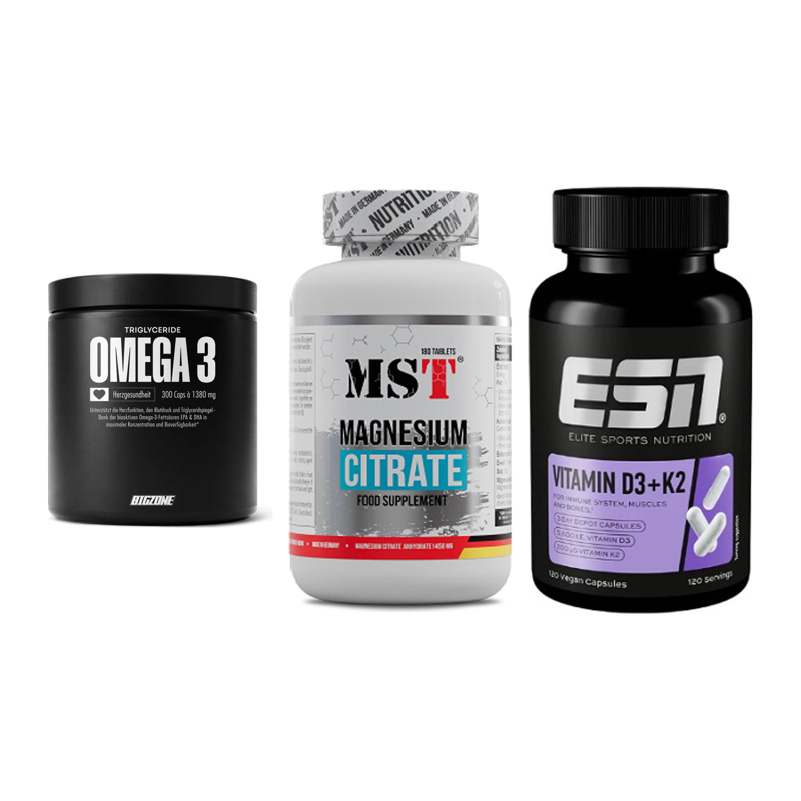 Herz & Gefäße: Big Zone Omega 3 + MST Magnesium + ESN Vitamin D3 – alle enthaltenen Artikel
