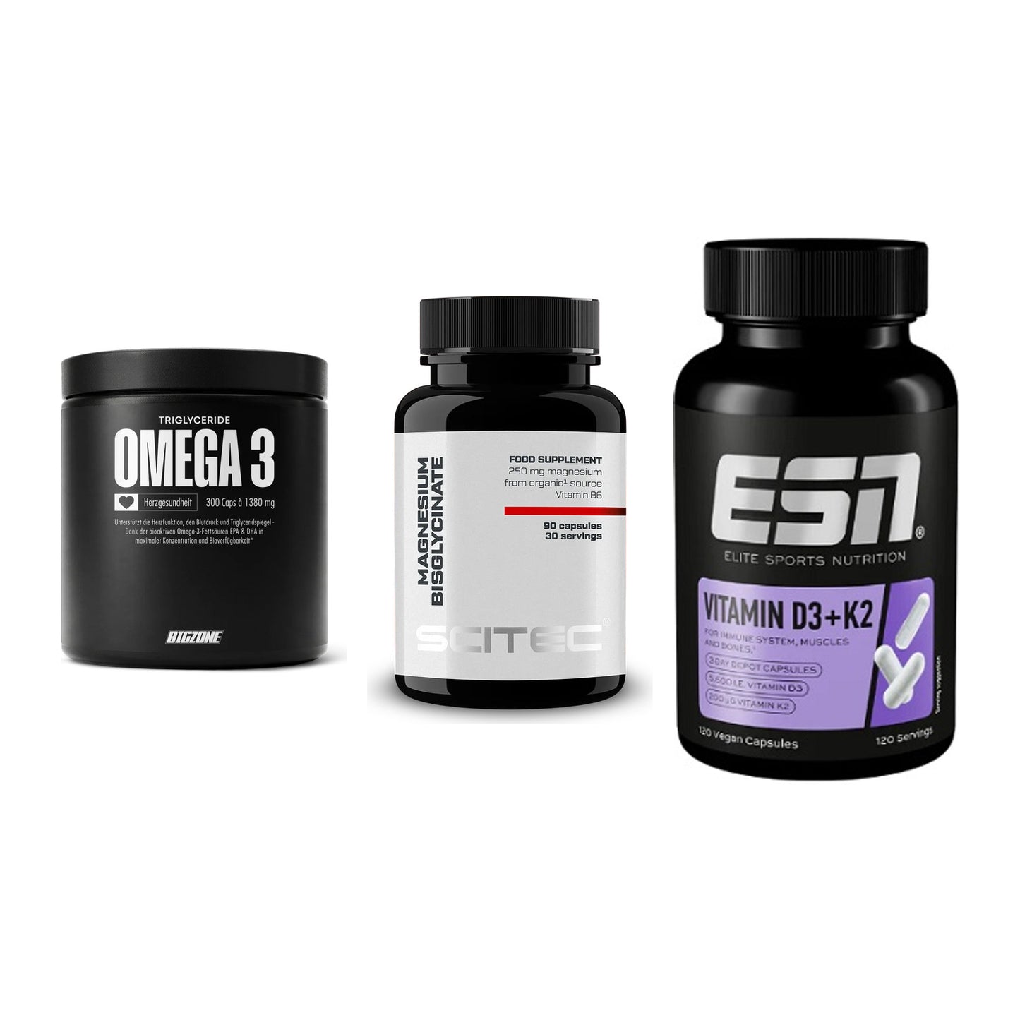 Herz & Gefäße: Big Zone Omega 3 + Scitec Magnesium + ESN Vitamin D3 – alle enthaltenen Artikel