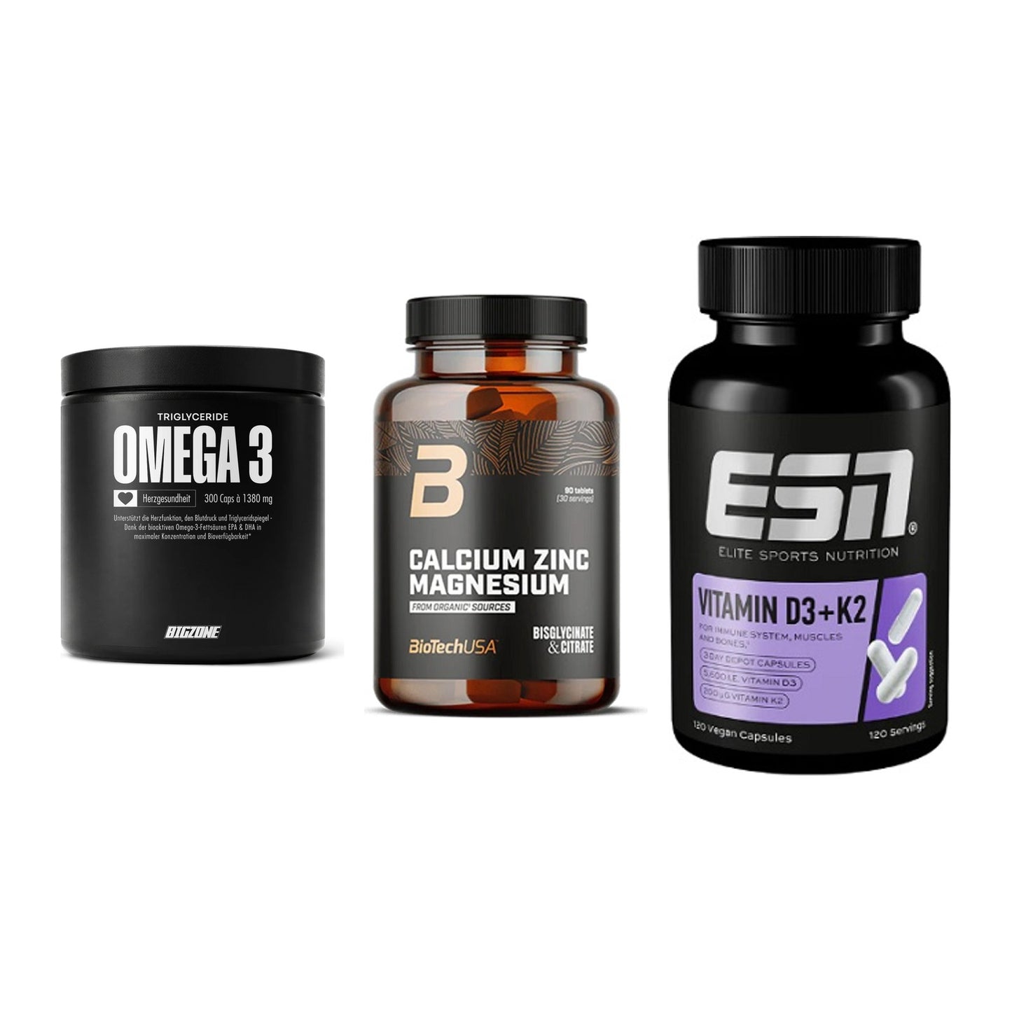 Herz & Gefäße: Big Zone Omega 3 + BioTech Calcium + ESN Vitamin D3 – alle enthaltenen Artikel