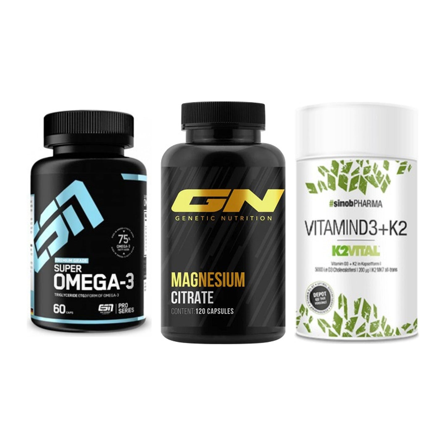 Herz & Gefäße: ESN Omega 3 + GN Magnesium + Sinob Vitamin D3 – alle enthaltenen Artikel