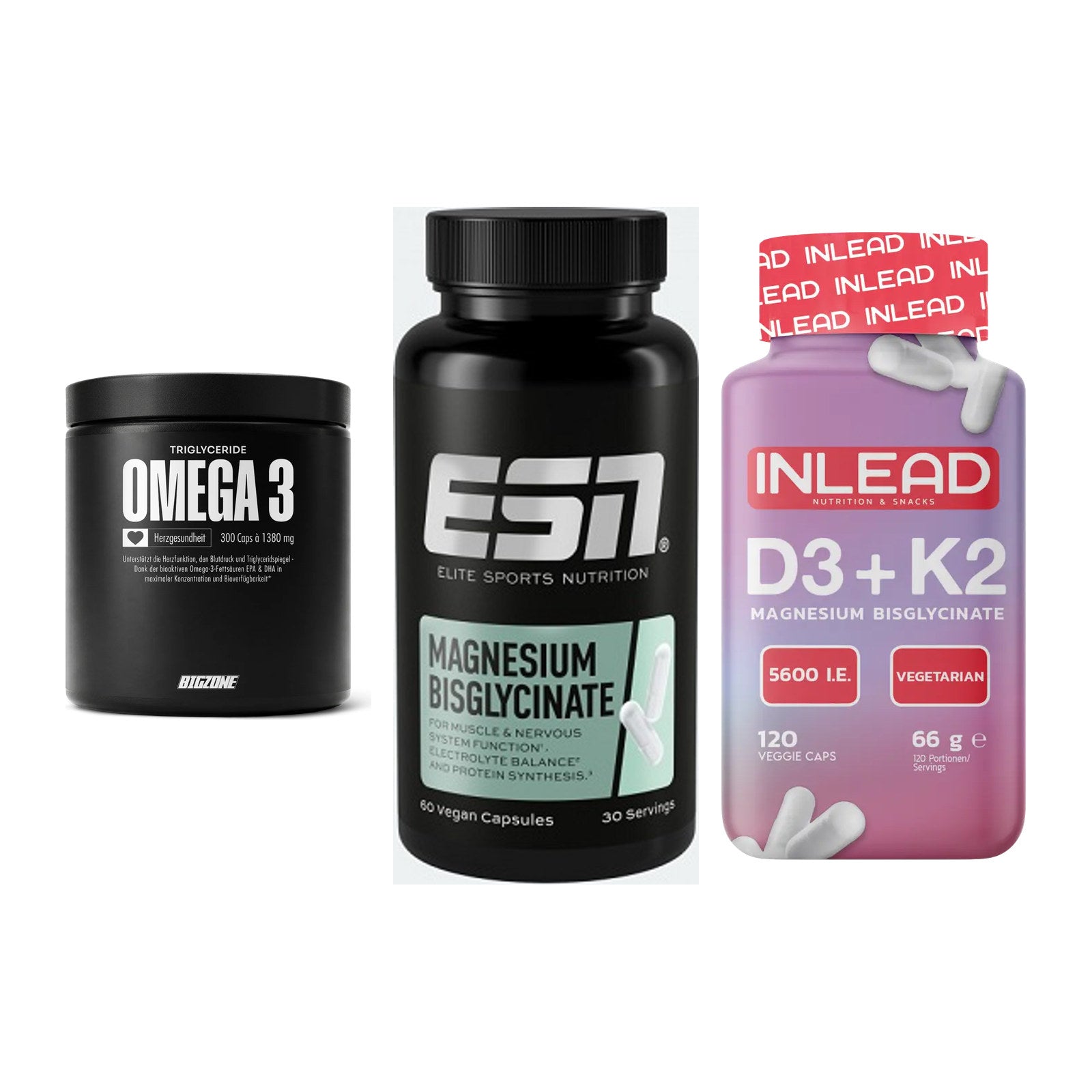 Herz & Gefäße: Big Zone Omega 3 + ESN Magnesium + INLEAD Vitamin – alle enthaltenen Artikel
