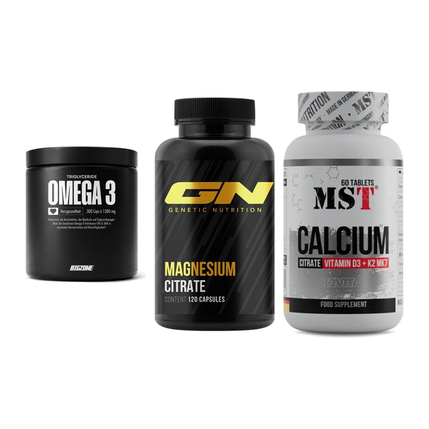 Herz & Gefäße: Big Zone Omega 3 + GN Magnesium + MST Calcium – alle enthaltenen Artikel