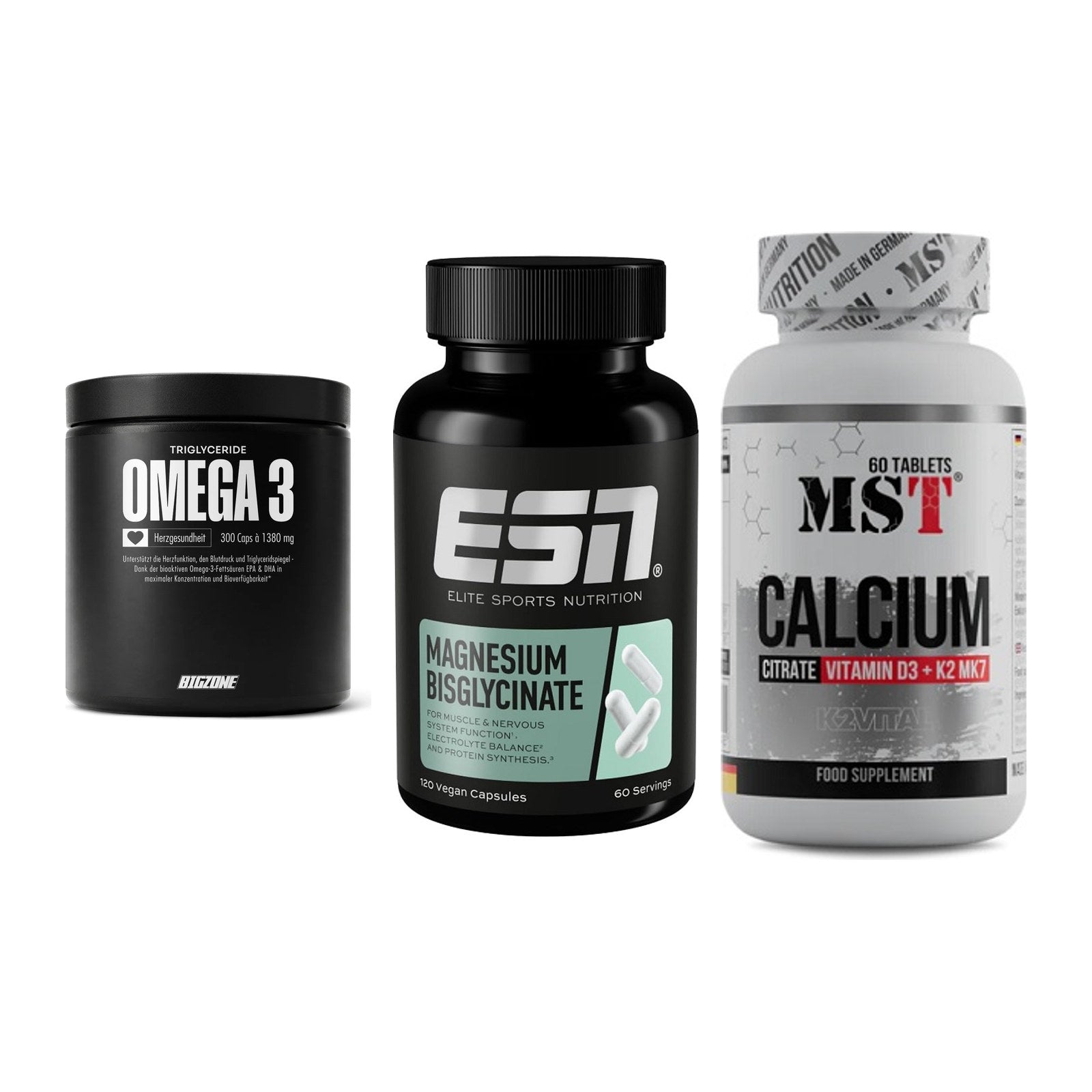 Herz & Gefäße: Big Zone Omega 3 + ESN Magnesium + MST Calcium – alle enthaltenen Artikel