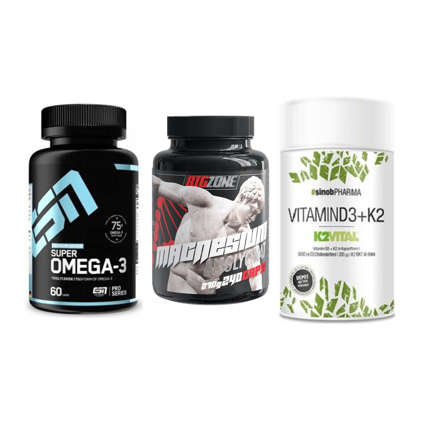 Herz & Gefäße: ESN Omega 3 + Big Zone Magnesi + Sinob Vitamin D3 – alle enthaltenen Artikel