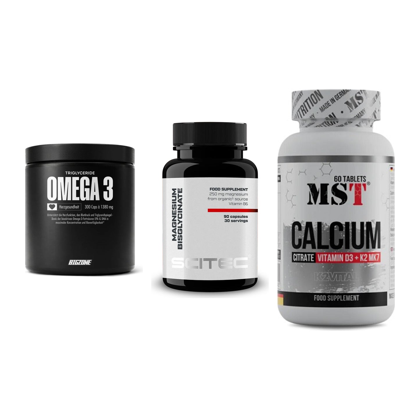 Herz & Gefäße: Big Zone Omega 3 + Scitec Magnesium + MST Calcium – alle enthaltenen Artikel