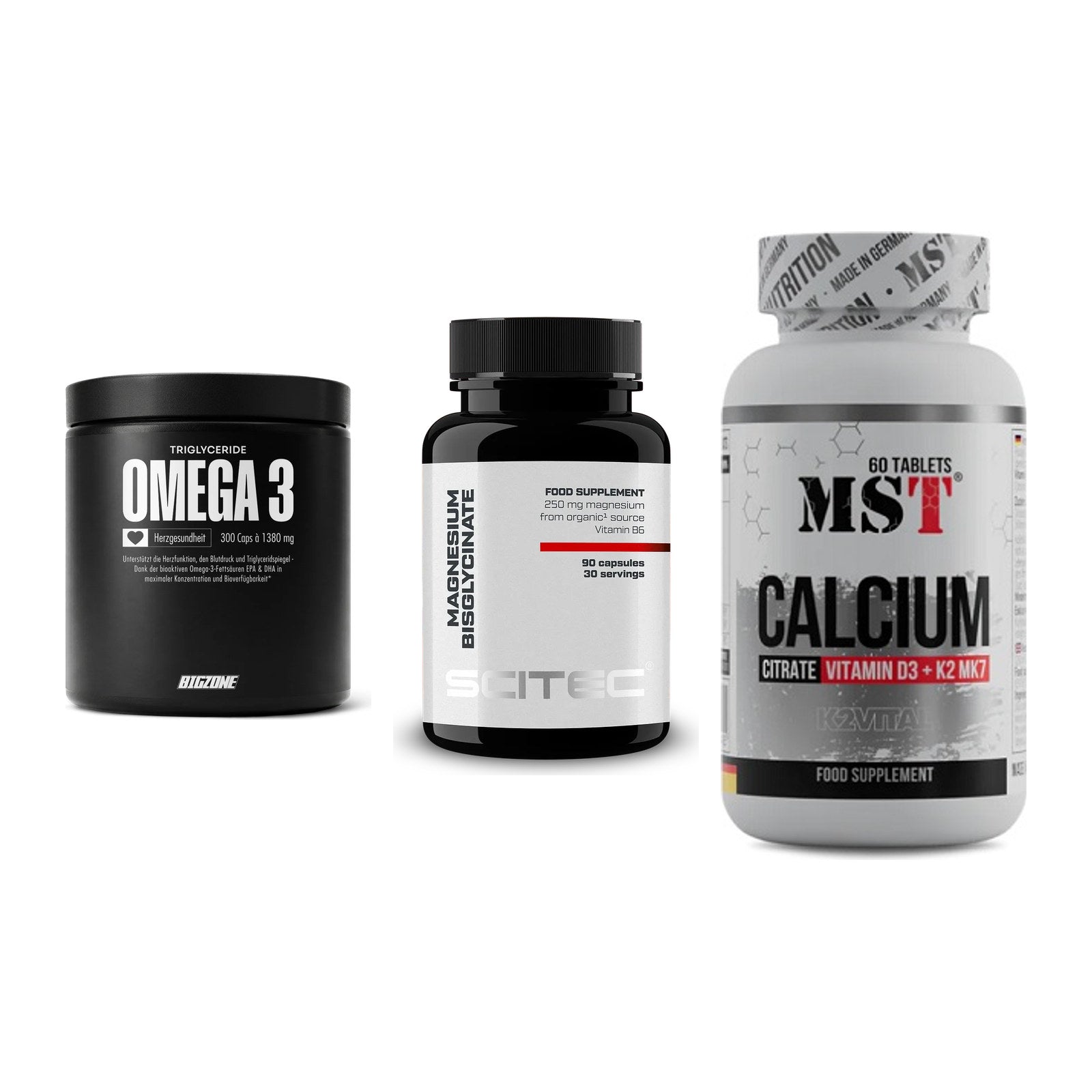 Herz & Gefäße: Big Zone Omega 3 + Scitec Magnesium + MST Calcium – alle enthaltenen Artikel
