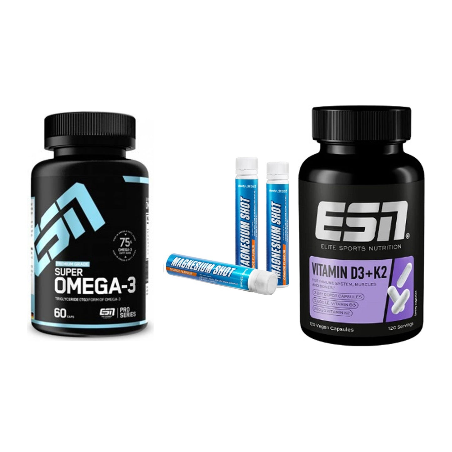 Herz & Gefäße: ESN Omega 3 + Body Attack + ESN Vitamin D3 – alle enthaltenen Artikel