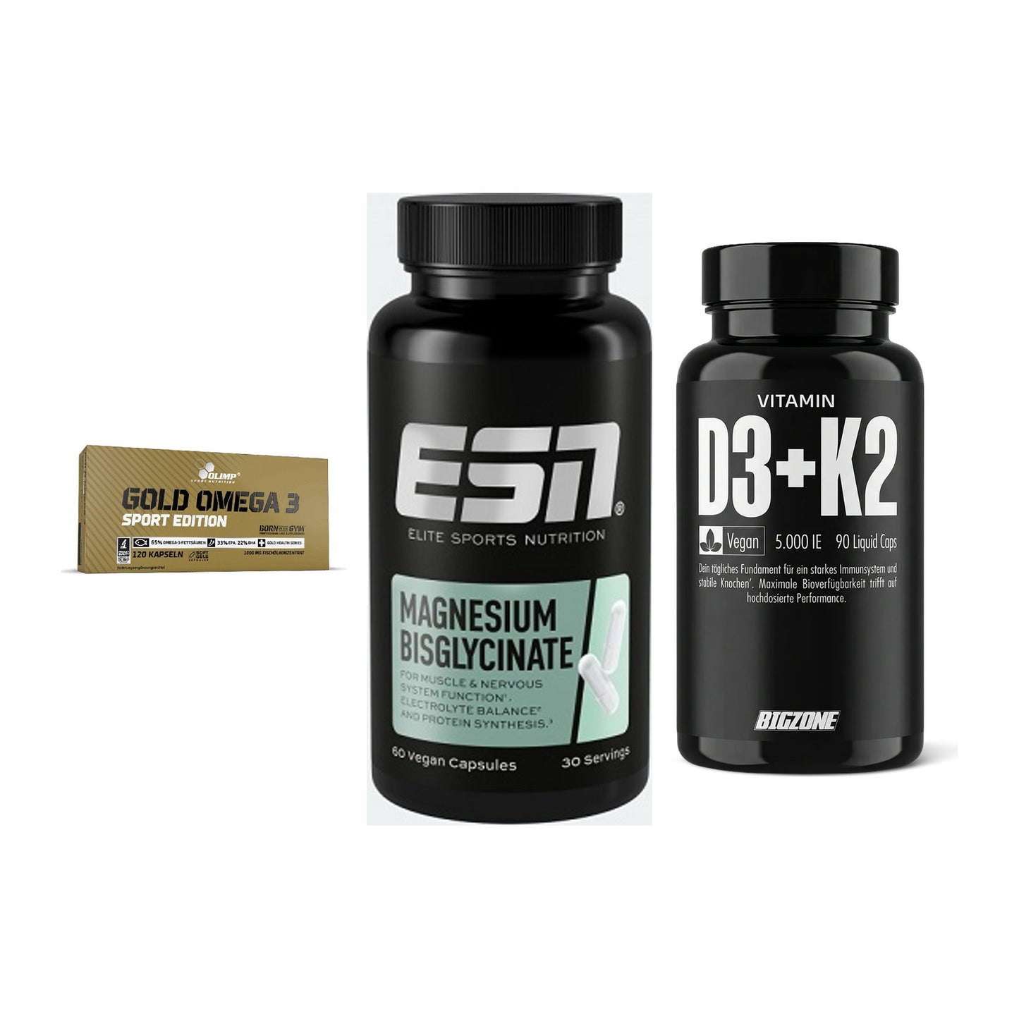 Herz & Gefäße: Olimp Omega 3 + ESN Magnesium + Big Zone Vitamin – alle enthaltenen Artikel