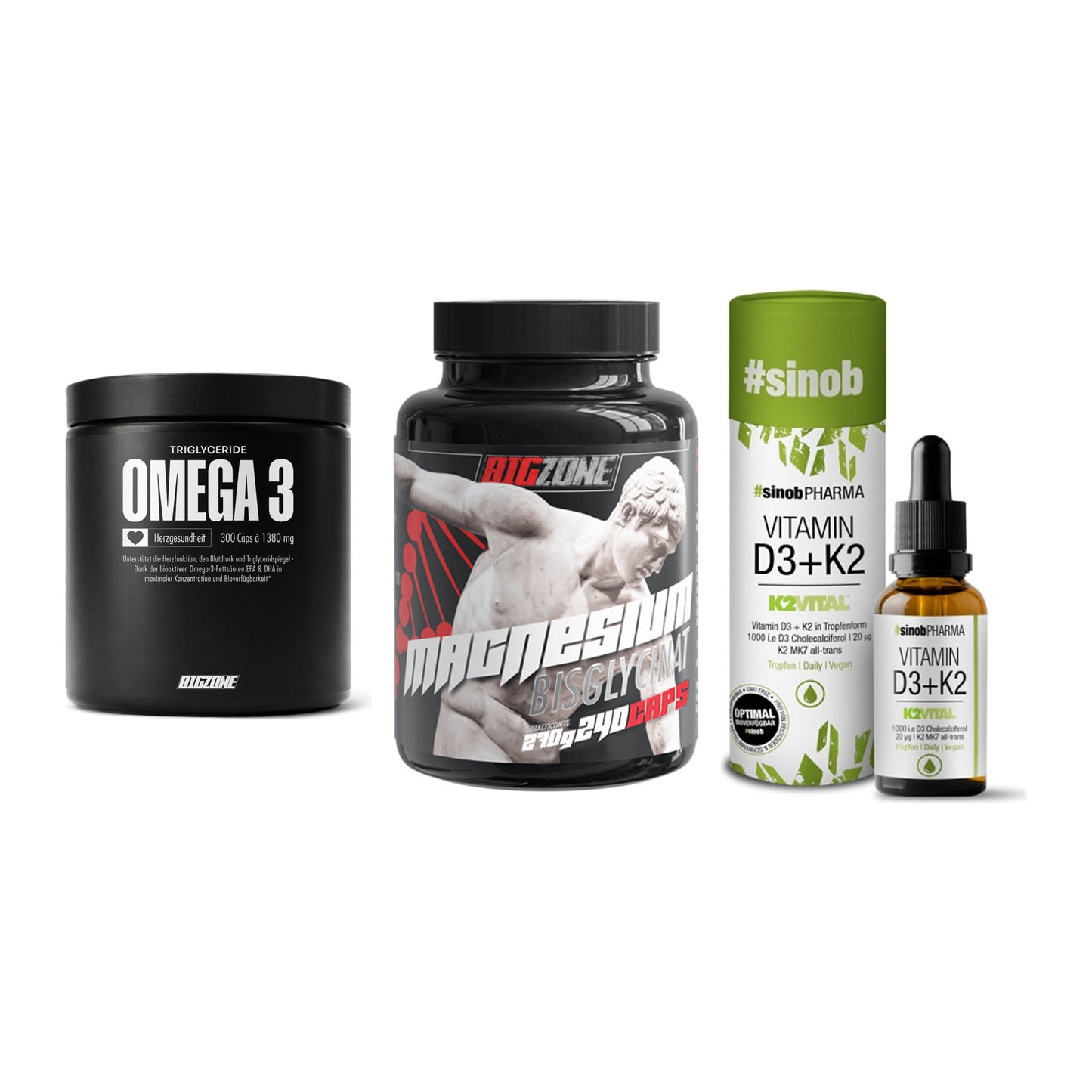Herz & Gefäße: Big Zone Omega 3 + Big Zone Magnesi + Sinob Vitamin D3 – alle enthaltenen Artikel